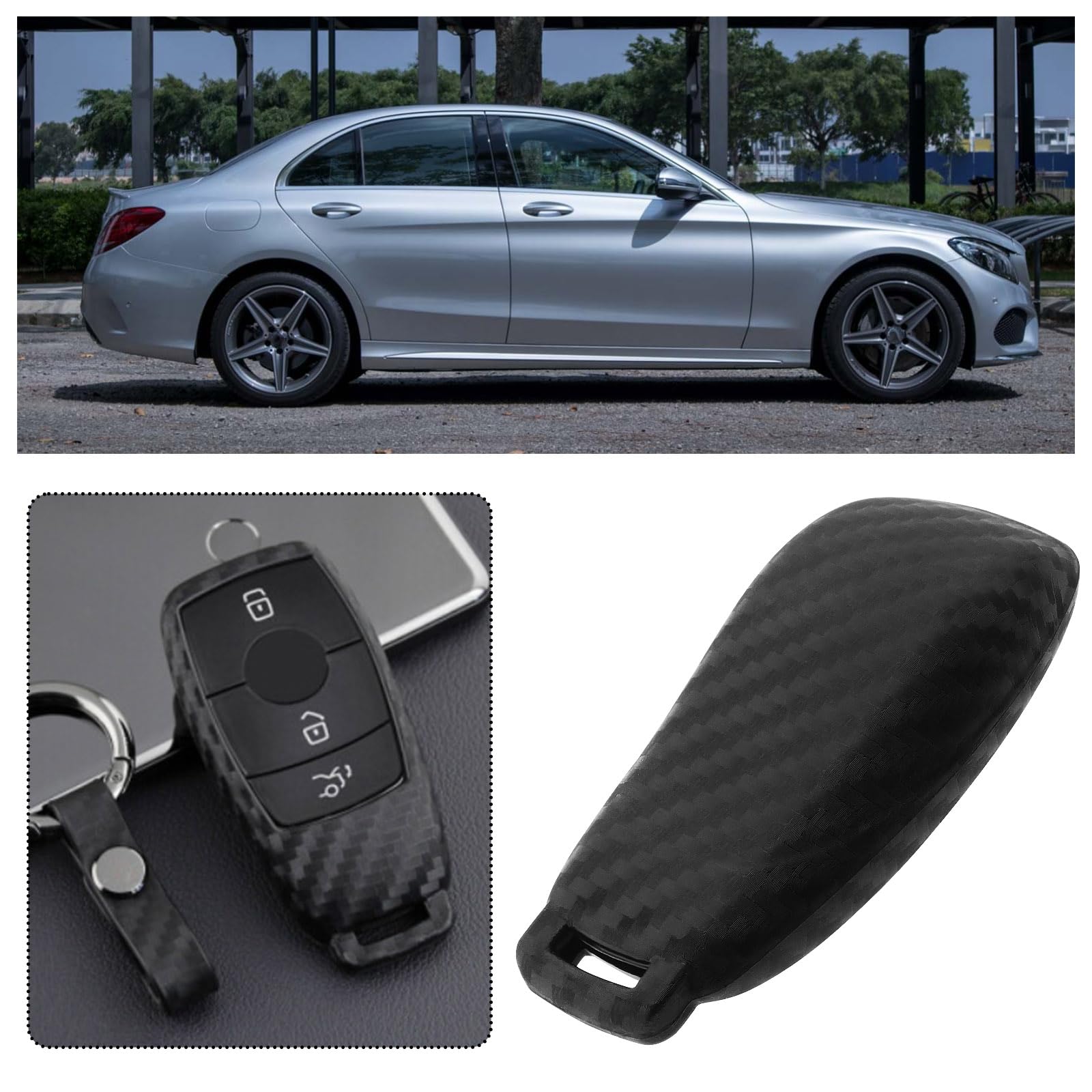 ECSiNG Car Silicone Remote Control Key Housing Protective Cover with Carbon Fiber Pattern Compatible with Mercedes Benz A E S Car Keys Accessories - Image 3