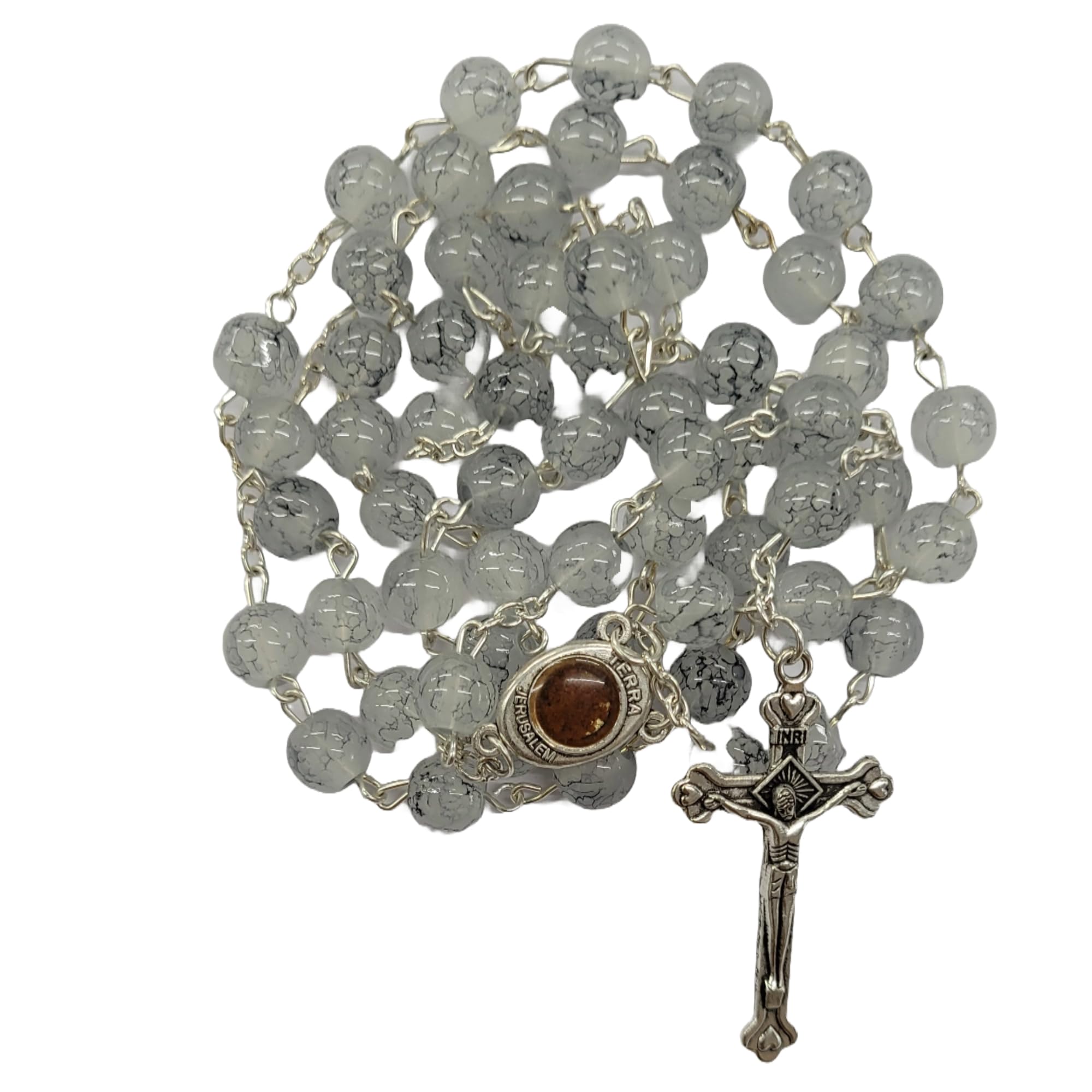 Grey Ice Beads Rosary for Praying with Holy Soil Medal | Jerusalem Rosary for Men & Women