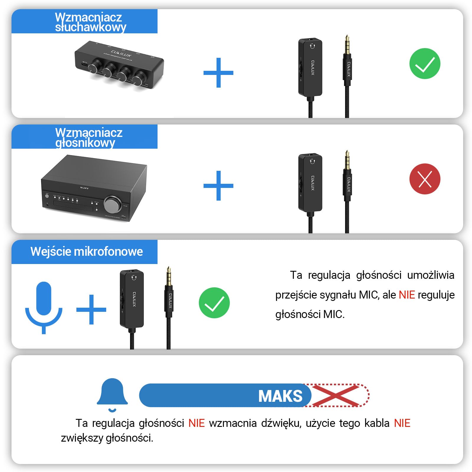 Cubilux Kabel tłumiący 3,5 mm TRRS, przedłużacz słuchawkowy 1/8 cala z regulacją głośności, wbudowany kontroler głośności do słuchawek, głośników, 1,2 m