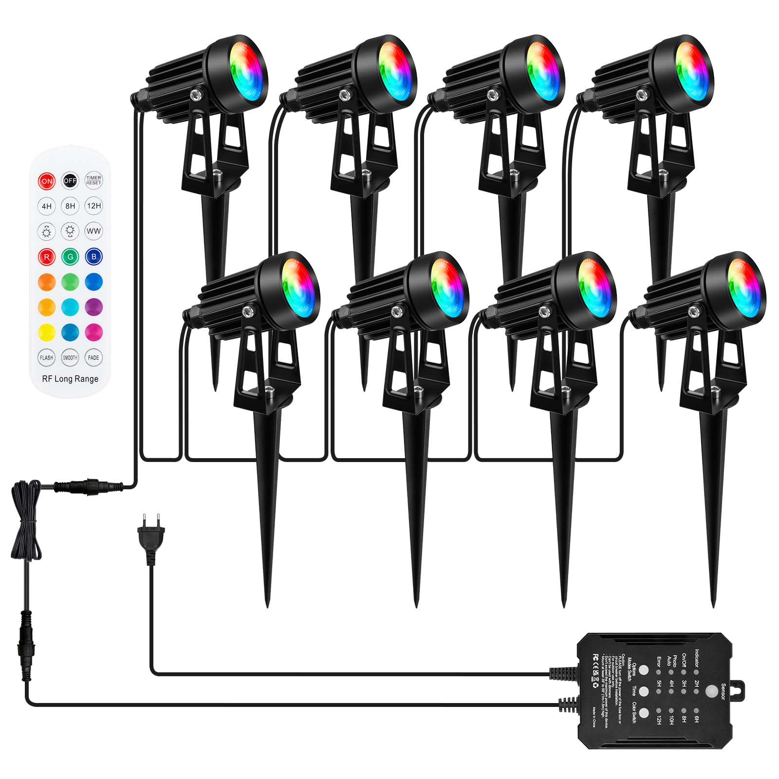 COOLWEST RGB Gartenstrahler mit Fernbedienung und Lichtsensor, 20M/8er Set Strahler IP65 Wasserdichte Gartenbeleuchtung mit Strom, 24V gartenleuchten mit Timer für Garten, Bäume, Wege, Dimmbar