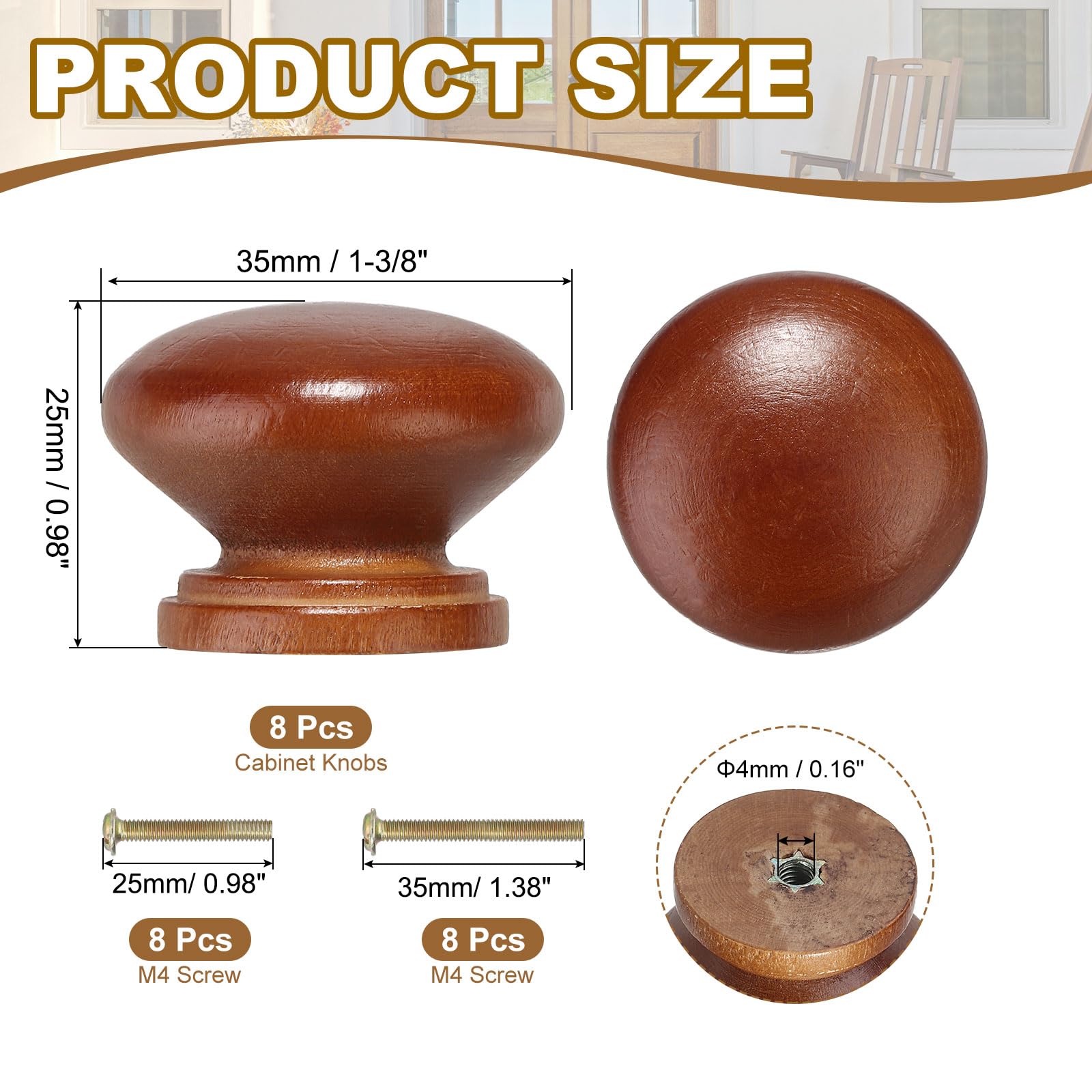 PATIKIL 1-3/8 Inch Round Brown Wood Drawer Knobs, 8 Pack with Screws for Kitchen Cupboard Furniture Door - Image 2