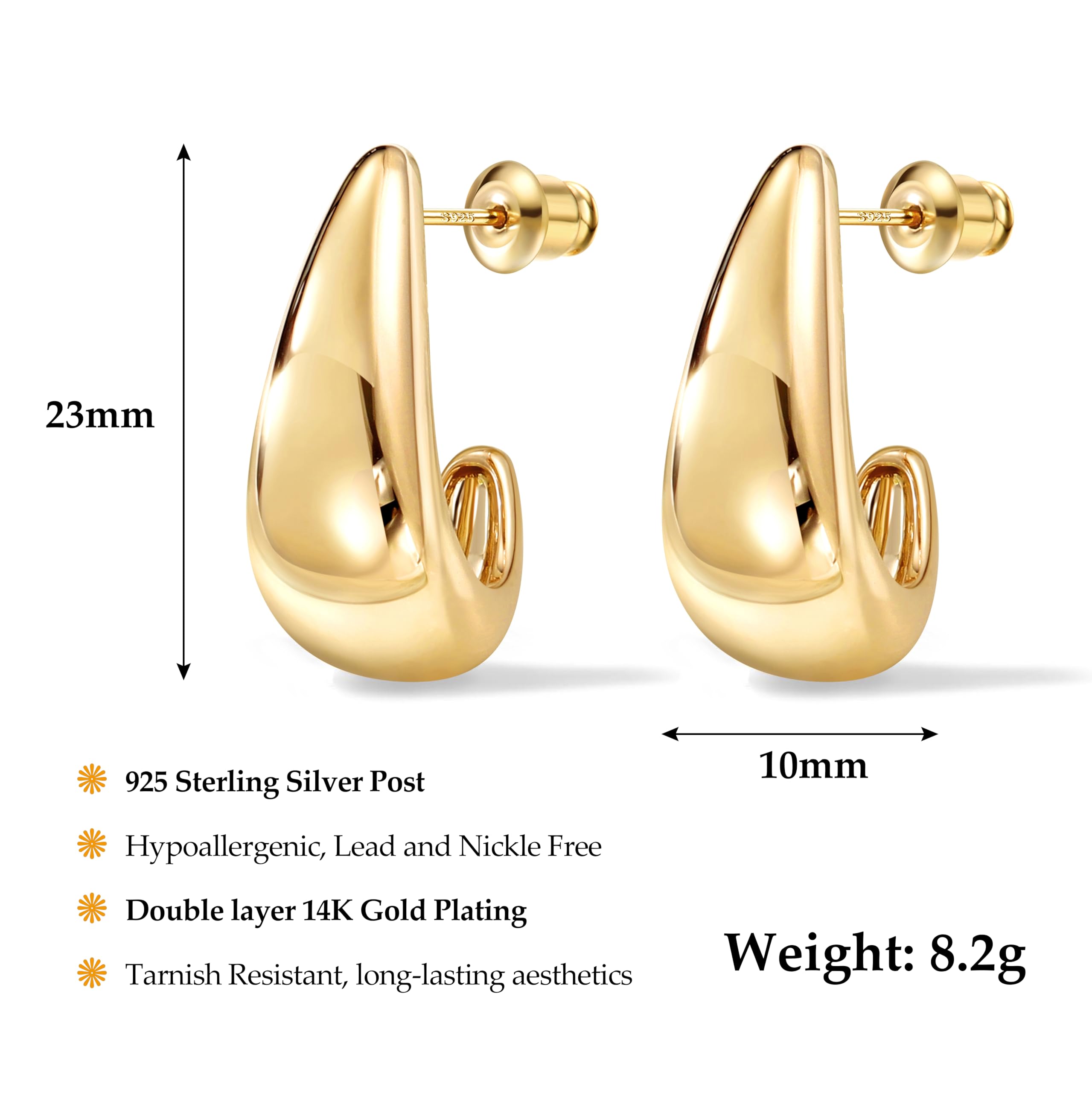 DOCHAIS Orecchini a cerchio in argento sterling 925 Chunky Huggie da donna, placcati in oro 14 carati, a forma di lacrima e cupola, ipoallergenici, oro/argento/oro rosa, regalo per donne