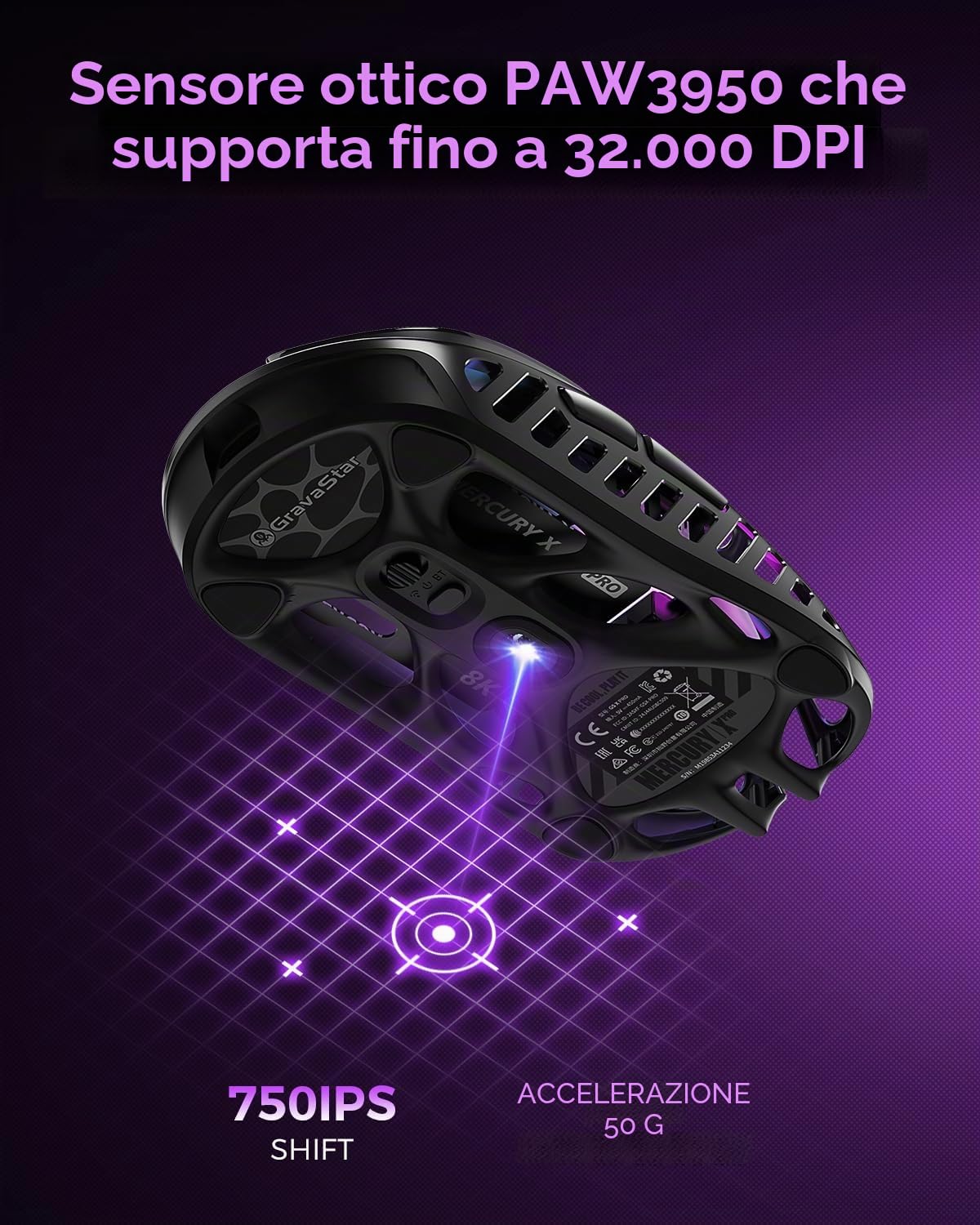 GravaStar Mouse da gioco wireless Mercury X Pro, dotato di dongle 8K, sensore PAW 3950 da 32.000 DPI, frequenza di polling di 8.000 Hz, solo 49 g, telaio cavo in lega di magnesio, illuminazione RGB, 5