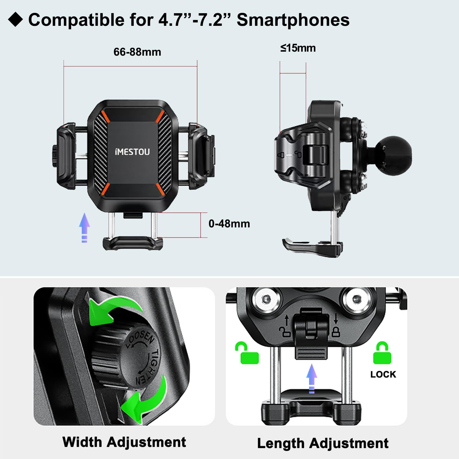 iMESTOU Motocyklowy bezprzewodowy uchwyt na telefon USB C, antywibracyjny, antykradzieżowy, kulkowy uchwyt Qi, pasuje do telefonów o grubości do 15 mm, pasuje do kierownic 22-32 mm, pasuje do pojazdów