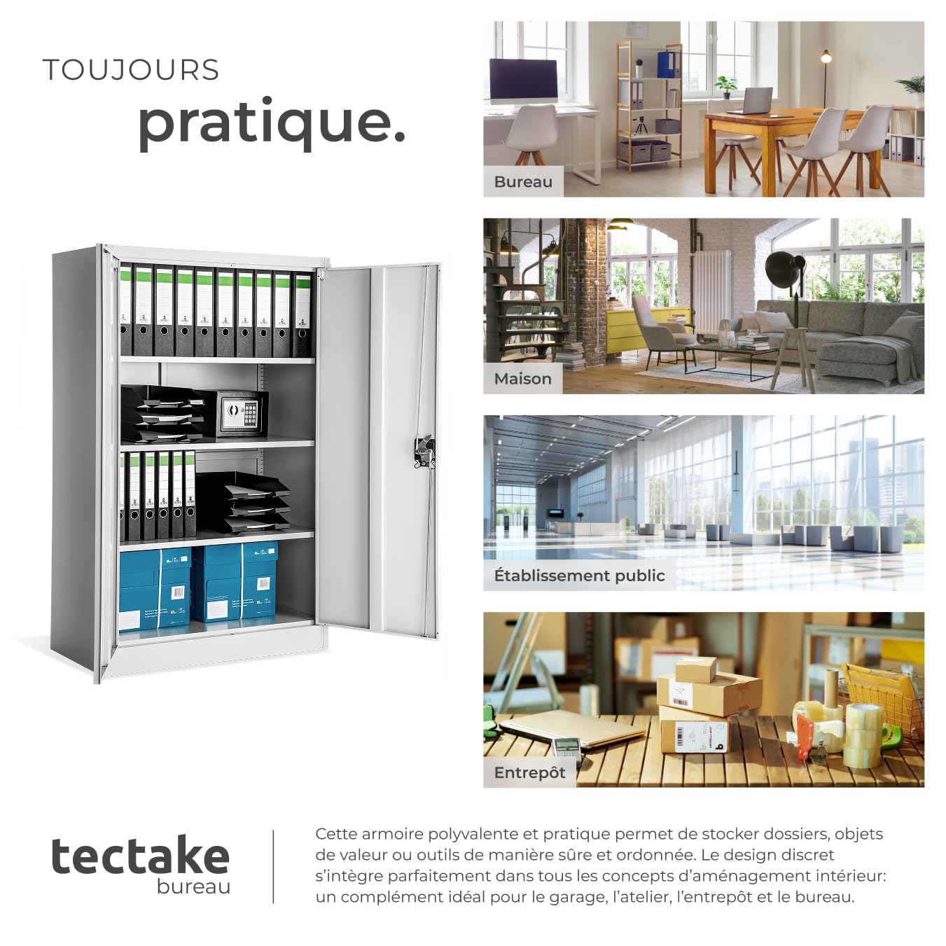 tectake® Armoire de Bureau métallique 140x90x40 cm avec Serrure Rangement Bureau avec 4 Compartiments pour Classeur Rangement Documents Industriel Meuble 2 Portes, 3 Étagères Réglables en Hauteur