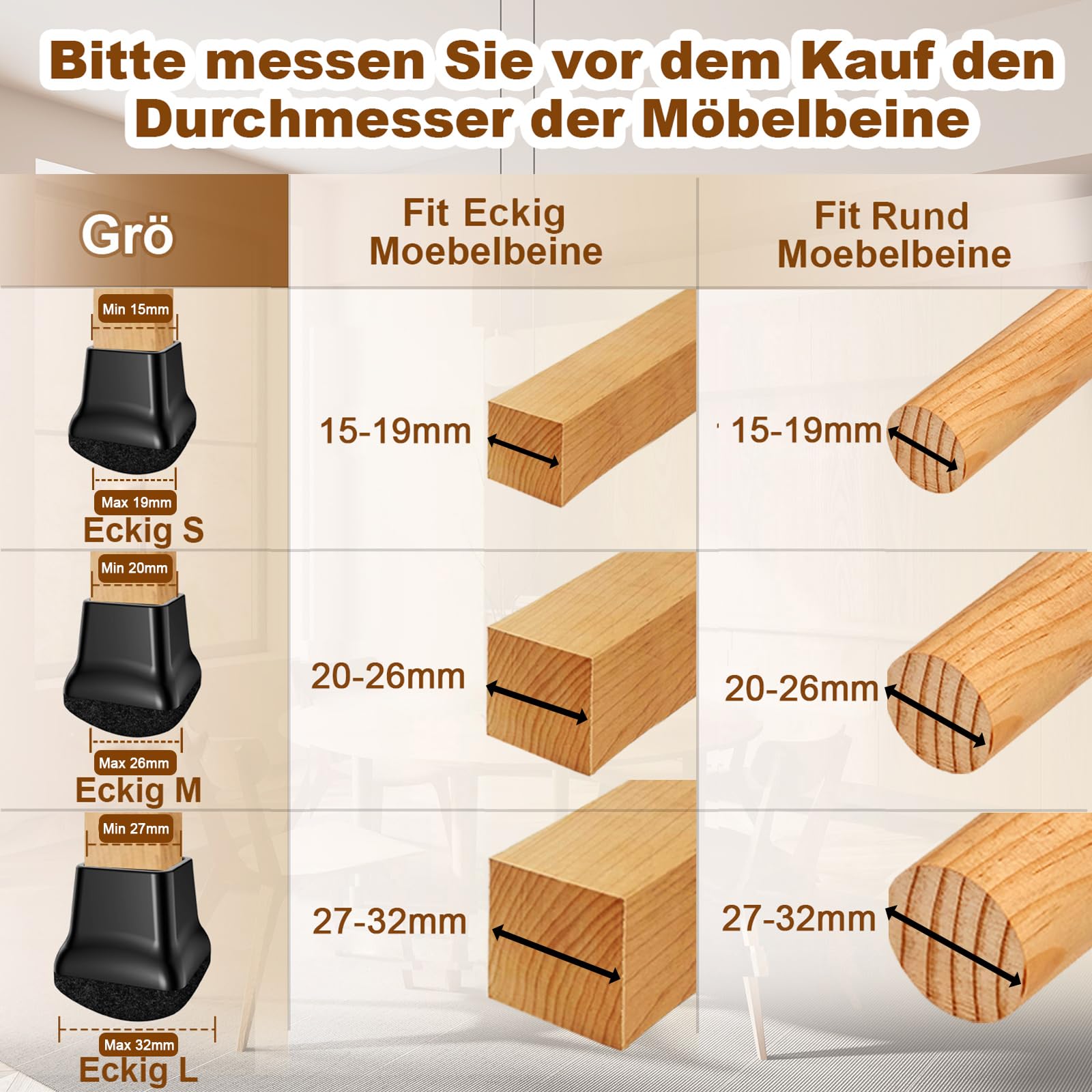 Tappi per gambe della sedia, inclinati, rettangolari, 24 pezzi, a forma di sfera, per gambe inclinate e verticali, diametro di 27 – 32 mm, feltrini resistenti all'usura per sedie/tavolo