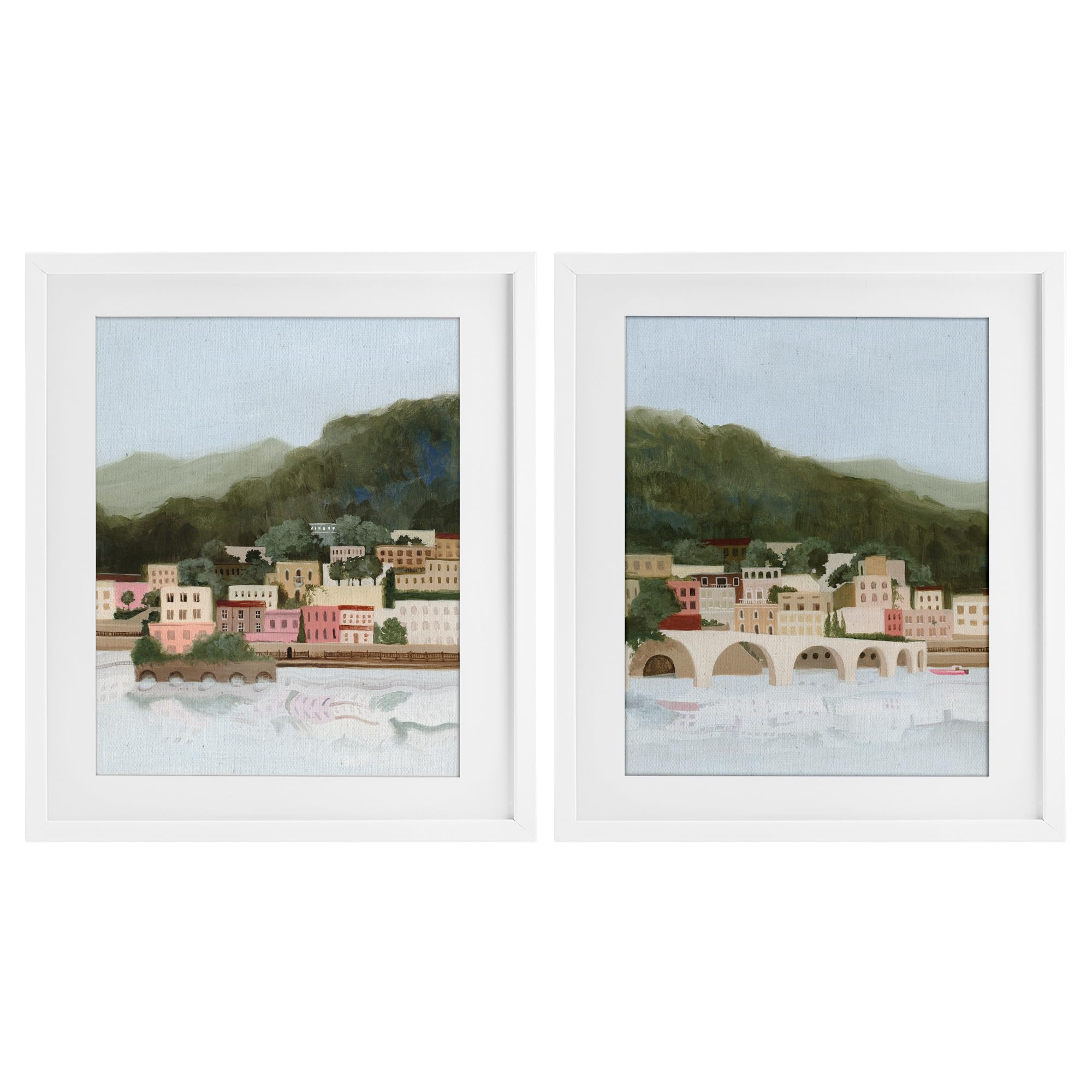Stupell Industries Coastal White (Textured) Mountain Town By Sea Scenic, 17 X 21 Inch Framed Print Under Glass Set