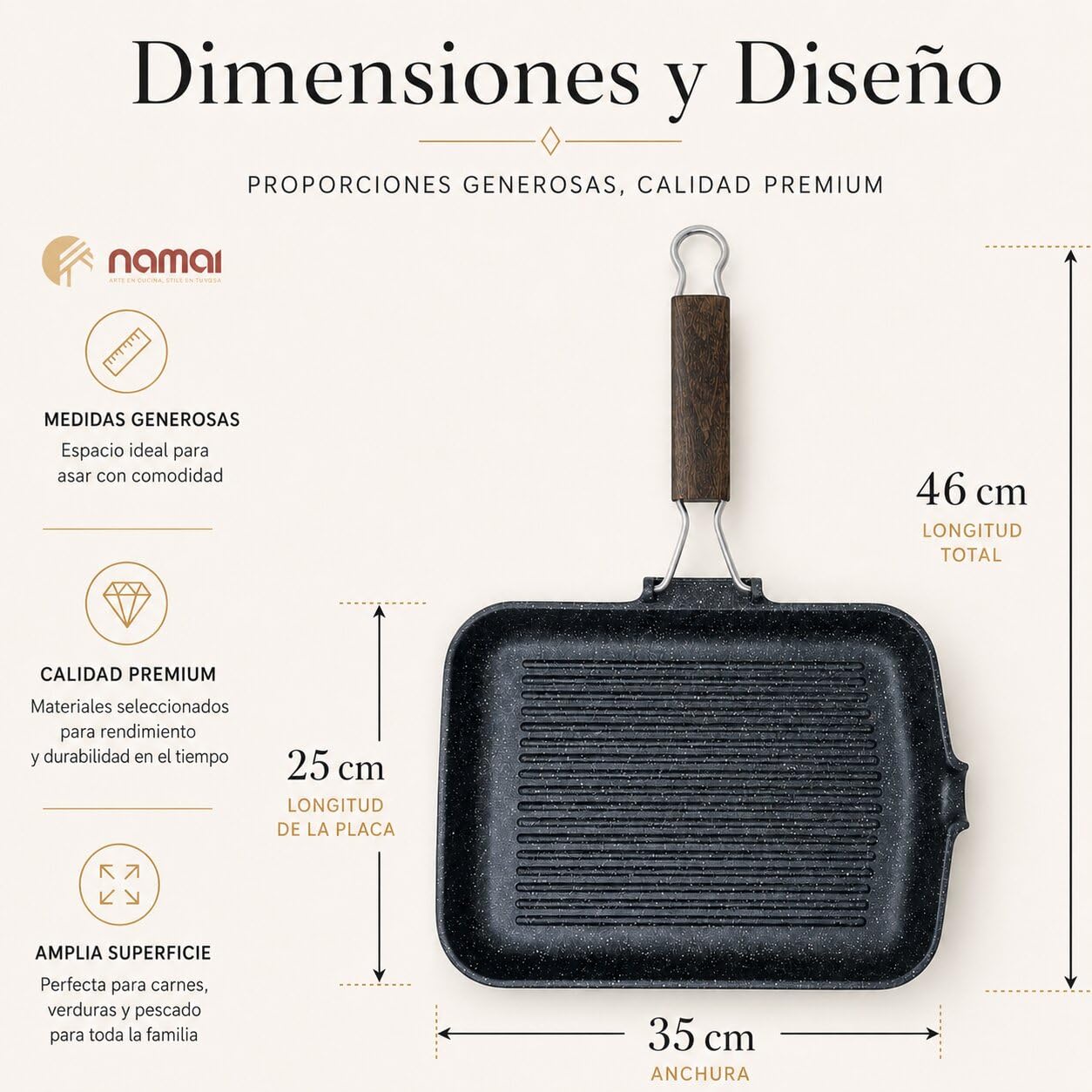 NAMAI - Sarten Plancha Antiadherente Rectangular, 35CM x 25CM, Aluminio Fundido a Presión, Apta Para Lavavajillas, Mango Plegable Para Ahorrar Espacio, Fabricada en Italia
