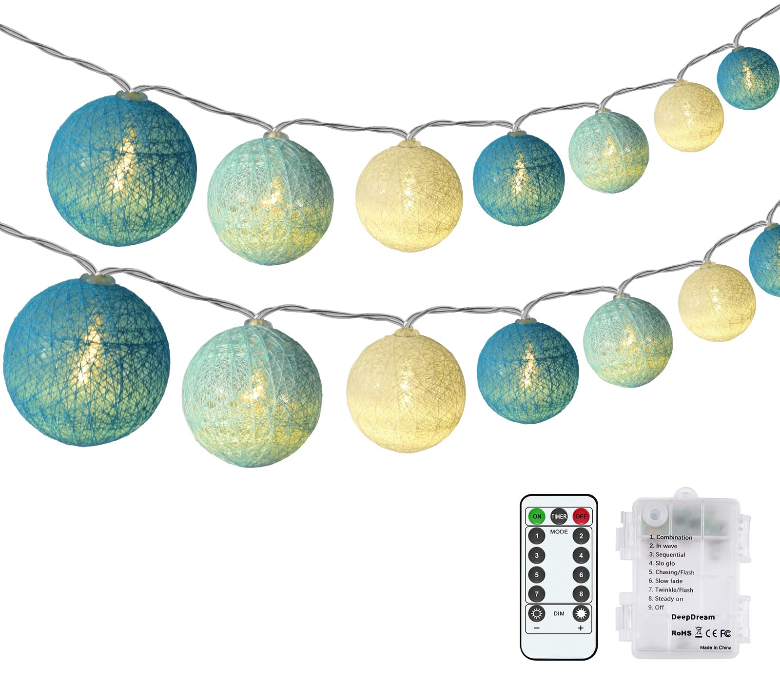 DeepDreamCotton Ball Fairy Lights, Battery Operated, 4.5 m, 20 LED Balls, Fairy Lights, Cotton Balls, Fairy Lights for Indoor, Baby Room, Bedroom, Wedding, Party, Christmas (Blue)