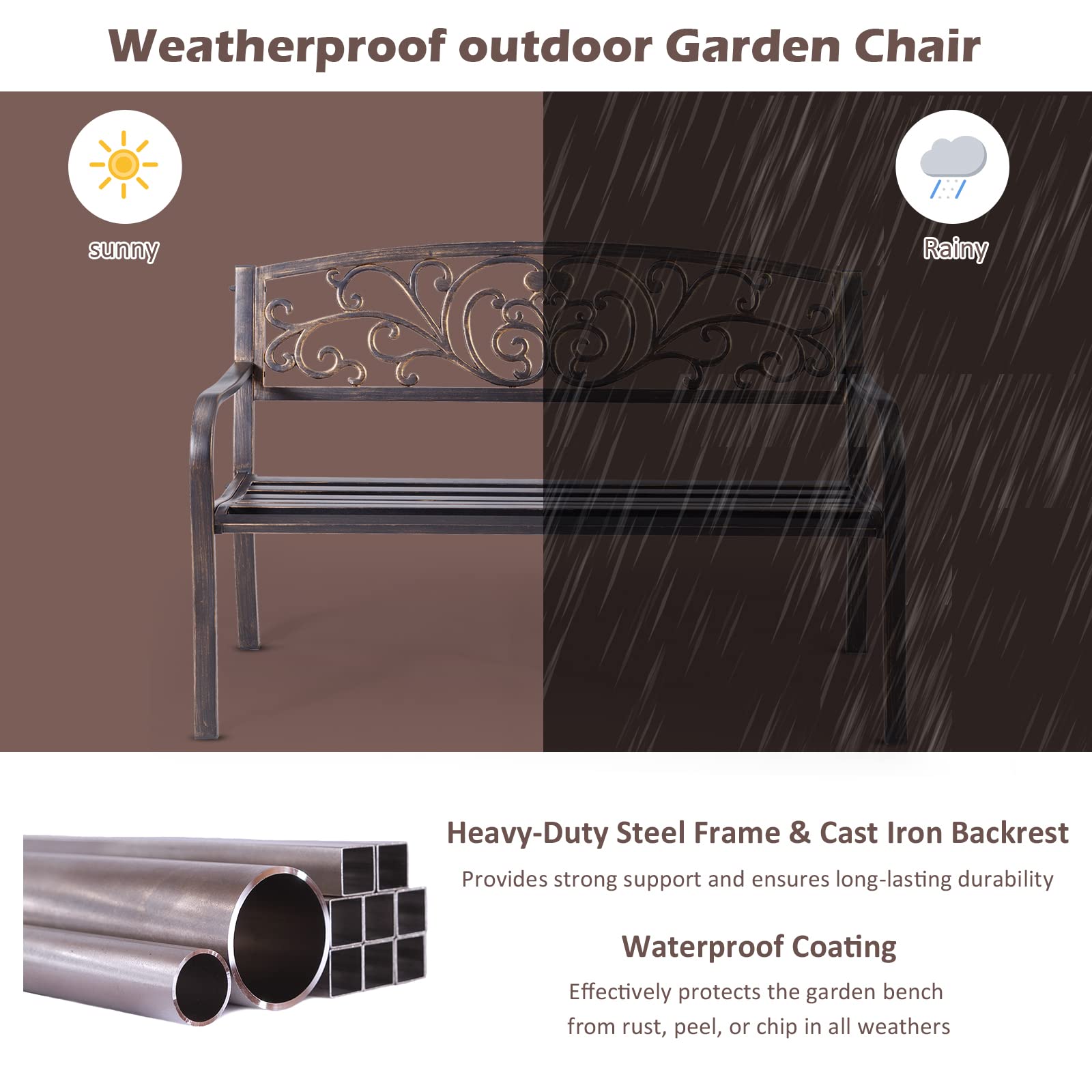 KOMFOTTEU Panchina da Giardino in Metallo e Ferro, Portata fino a 280 kg, Resistente alle Intemperie, Panchina Da Esterno e Interno per Balcone, Cortile, Terrazza, 127 x 60 x 85 cm