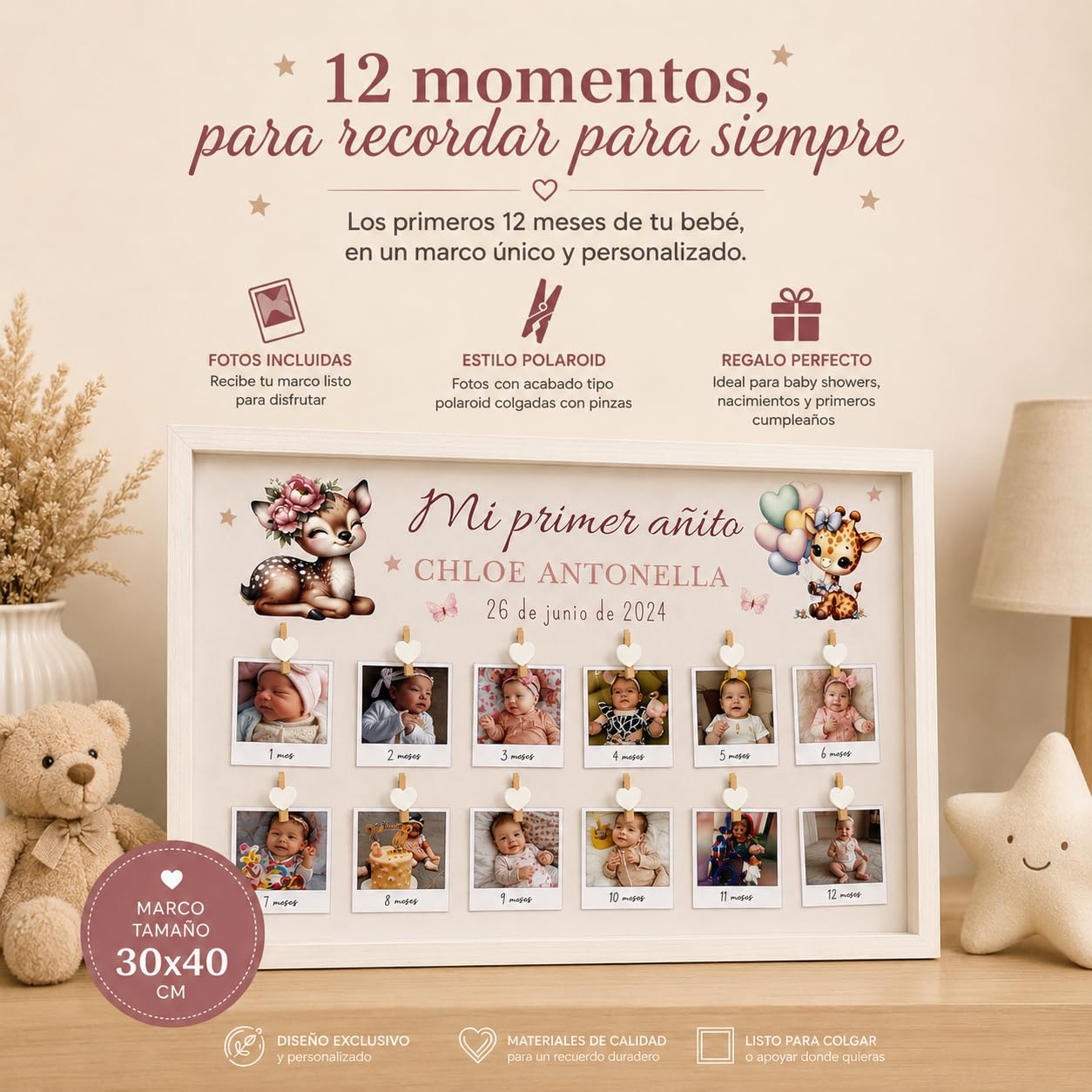 Marco primer añito,Primer cumpleaños, Cuadro mi primer año 12 Fotos,Regalo para Bebé, Recién nacido, Regalos personalizados, Regalo recién nacido, Babyshower