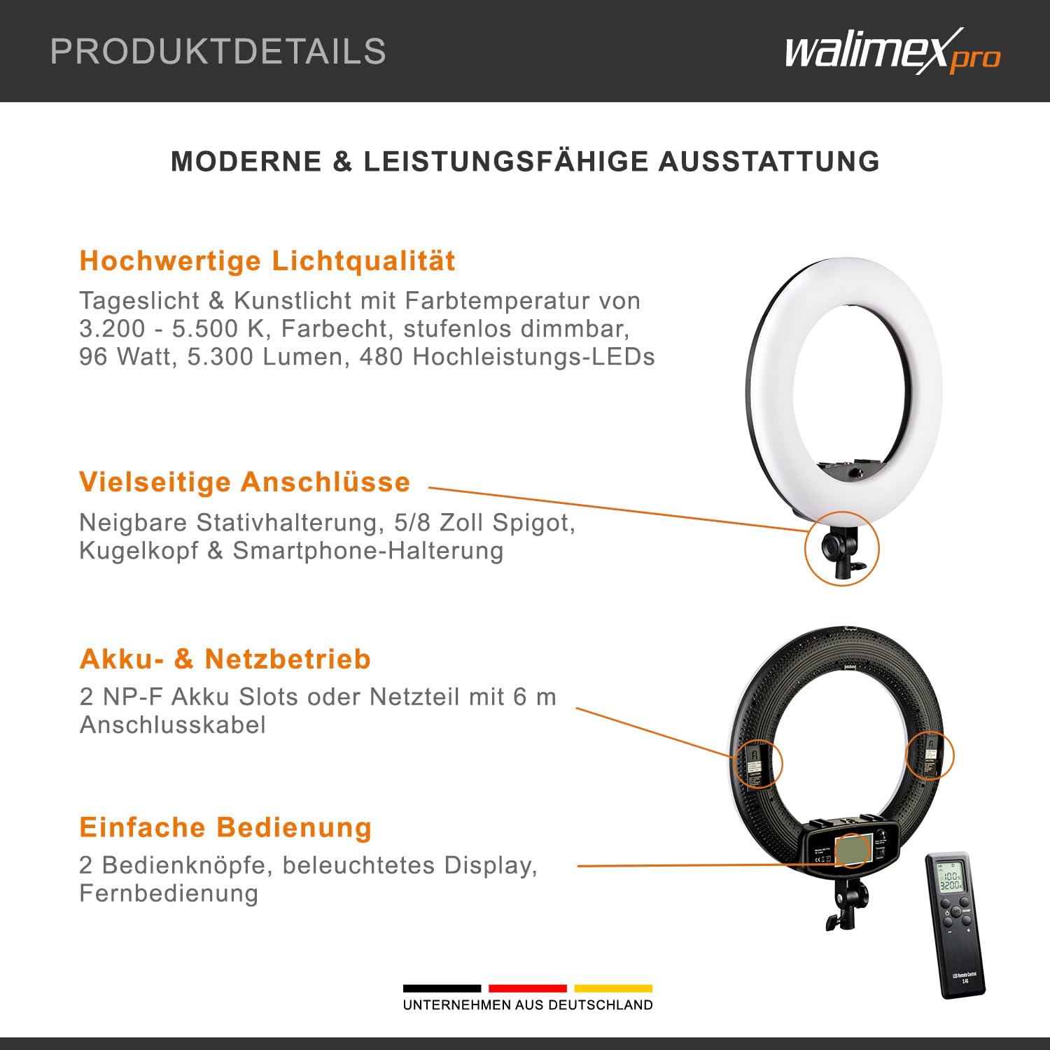Walimex pro Medow 960 Pro Luce anulare LED incl. treppiede, luce anulare bicolore 3200-5500 K, luce video dimmerabile con telecomando 96 W, treppiede per lampada con ammortizzazione a molla