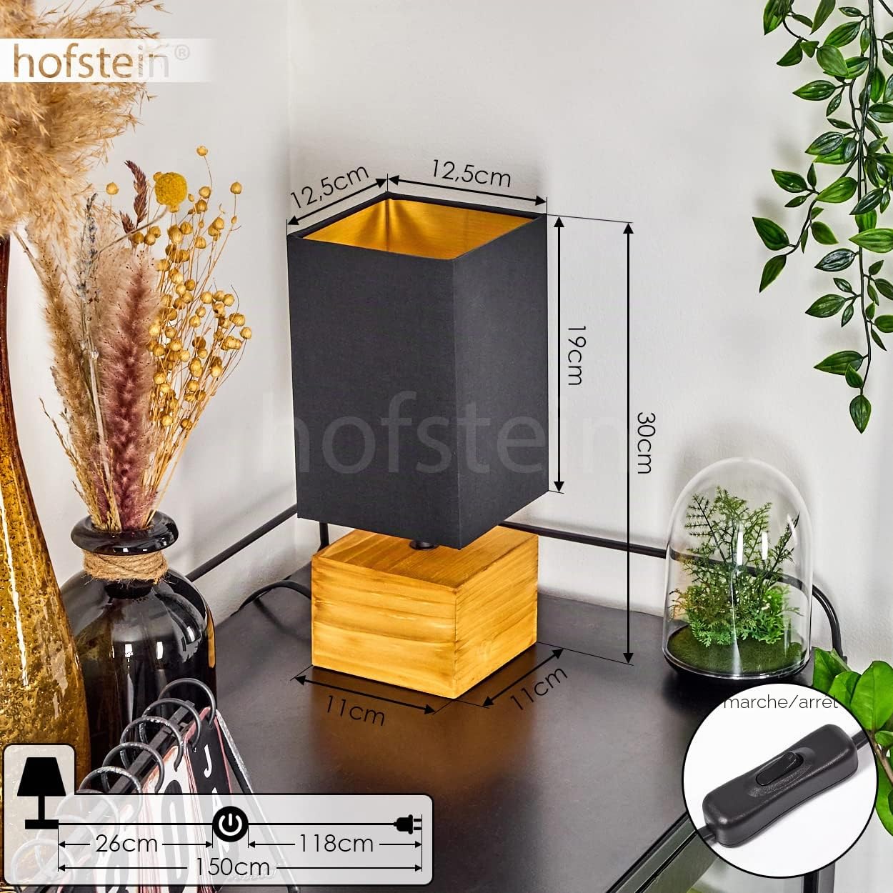 Lampe de Table Geneva en Bois/Tissu Naturel/Noir/Doré - Style Scandinave, 1 Ampoule E27, Longueur 12,5 cm (Ampoule Non Incluse)