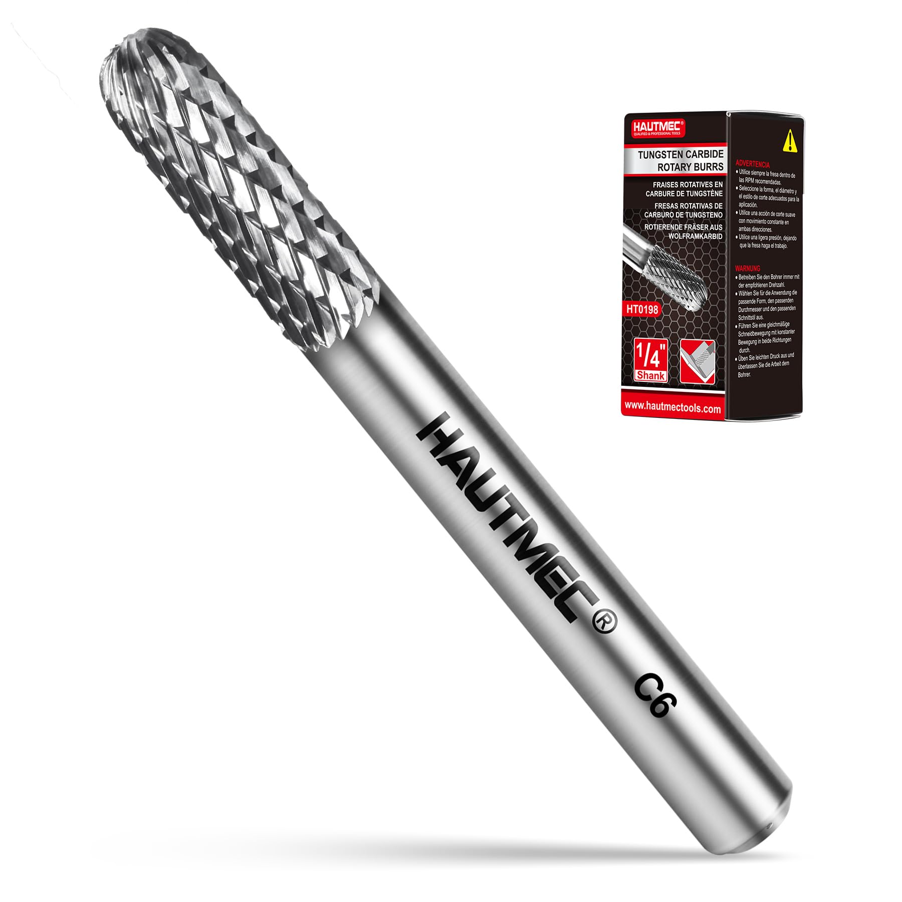 HAUTMEC Tungsten Carbide Rotary Burr Bit YG6, 1/4" Shank Double Cut Die Grinder Bit, Low Vibration Precision Rotary File for Metal Grinding, Engraving