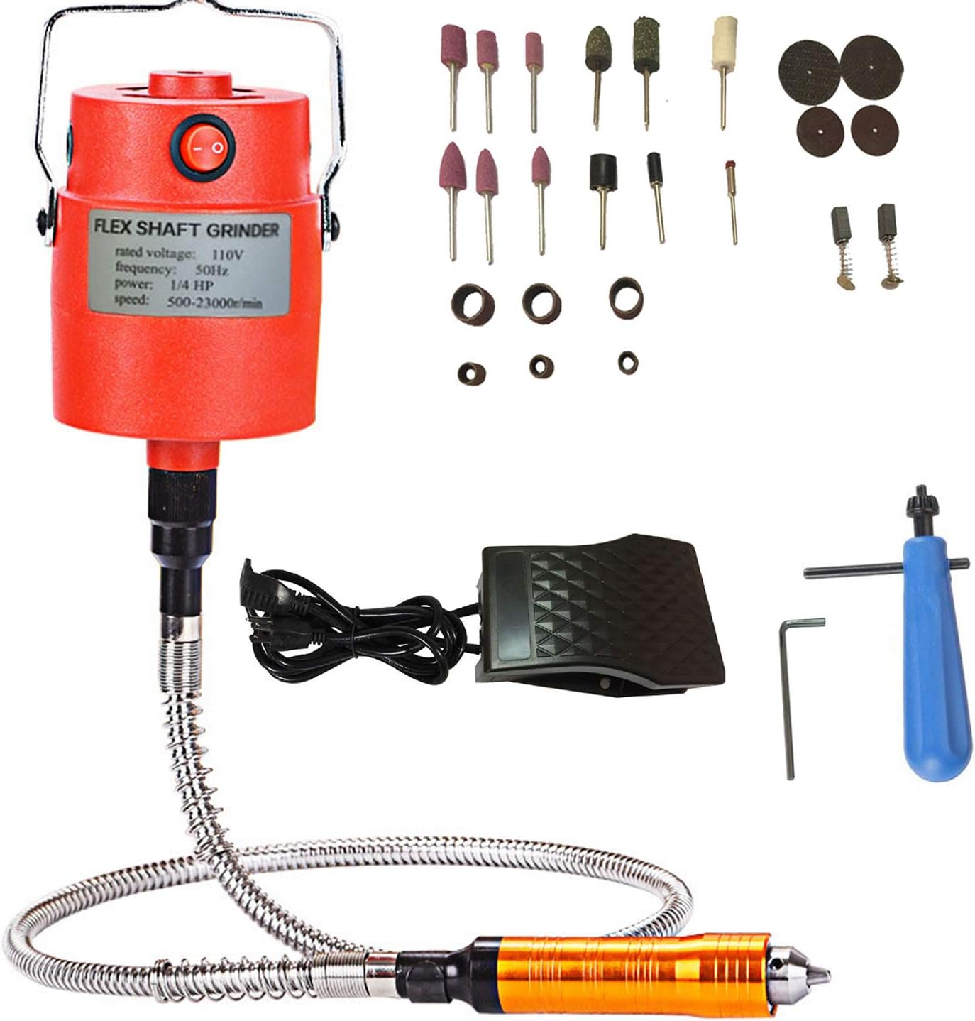 VOTOER 1/4"HP Rotary Tool Flexible Flex Shaft Hanging Grinder Carver Electric Carving Tools Kit, Seperate Motor Switch Knob Control, Foot Pedal Control, 560W Power, Metal Flexible Shaft,23000 RPM