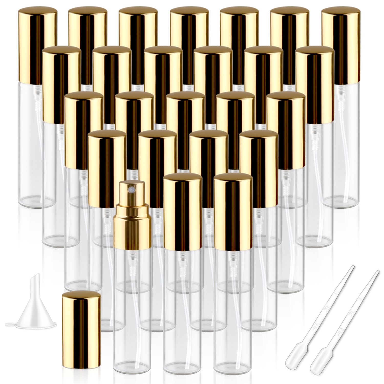 BOSMIOW 25Pcs 10ml Clear Glass Perfume Sample Vials with Golden Pump Head,Mini Empty Fine Mist Atomizer,Portable Essential Oils Spray Bottle,Travel