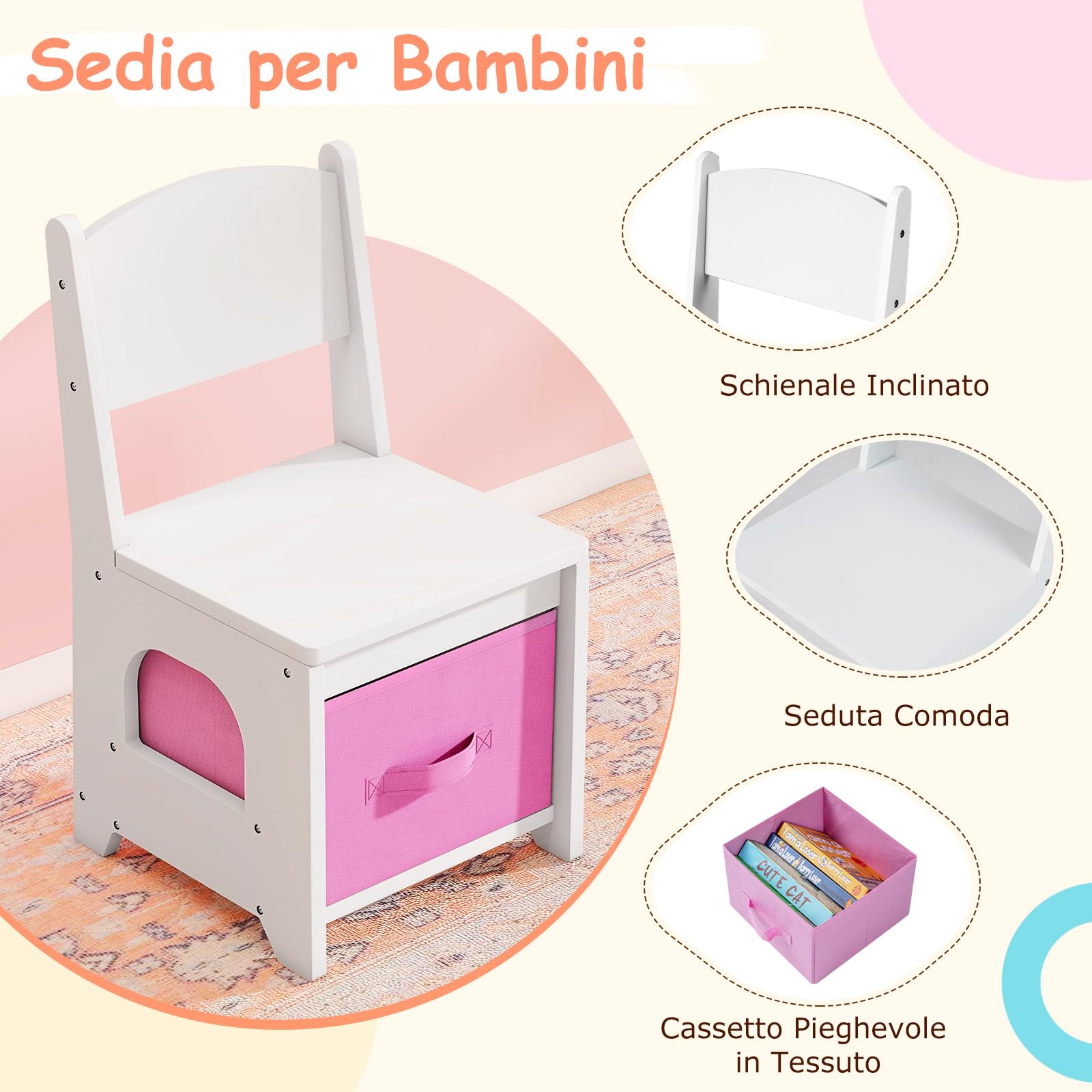 COSTWAY Toeletta per Bambine 3+ Anni, Set Tavolo e Sedia con Luci da Principessa con 5 Cassetti e 2 Scomparti, Armadietto con Porta e Scaffale Aperto, Ideale per Cameretta Bambina (Bianco)