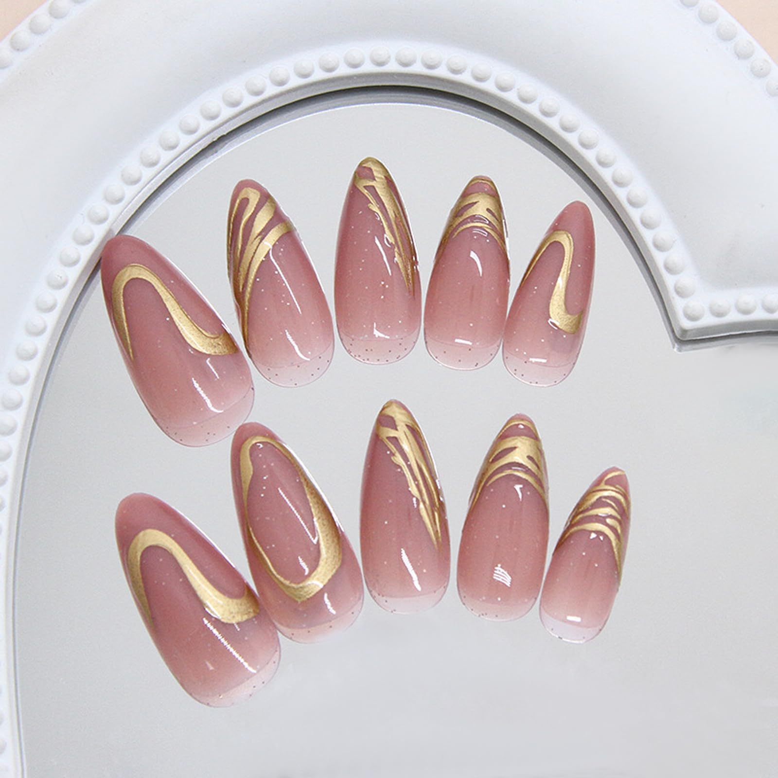 24Pcs Almond False Nails - 3D Stereoscopic Gold Pattern Short Press on Nails - Medium False Nails French Tip - Full Cover Stick on Nail Shiny Artificial Nail for Women - Image 4