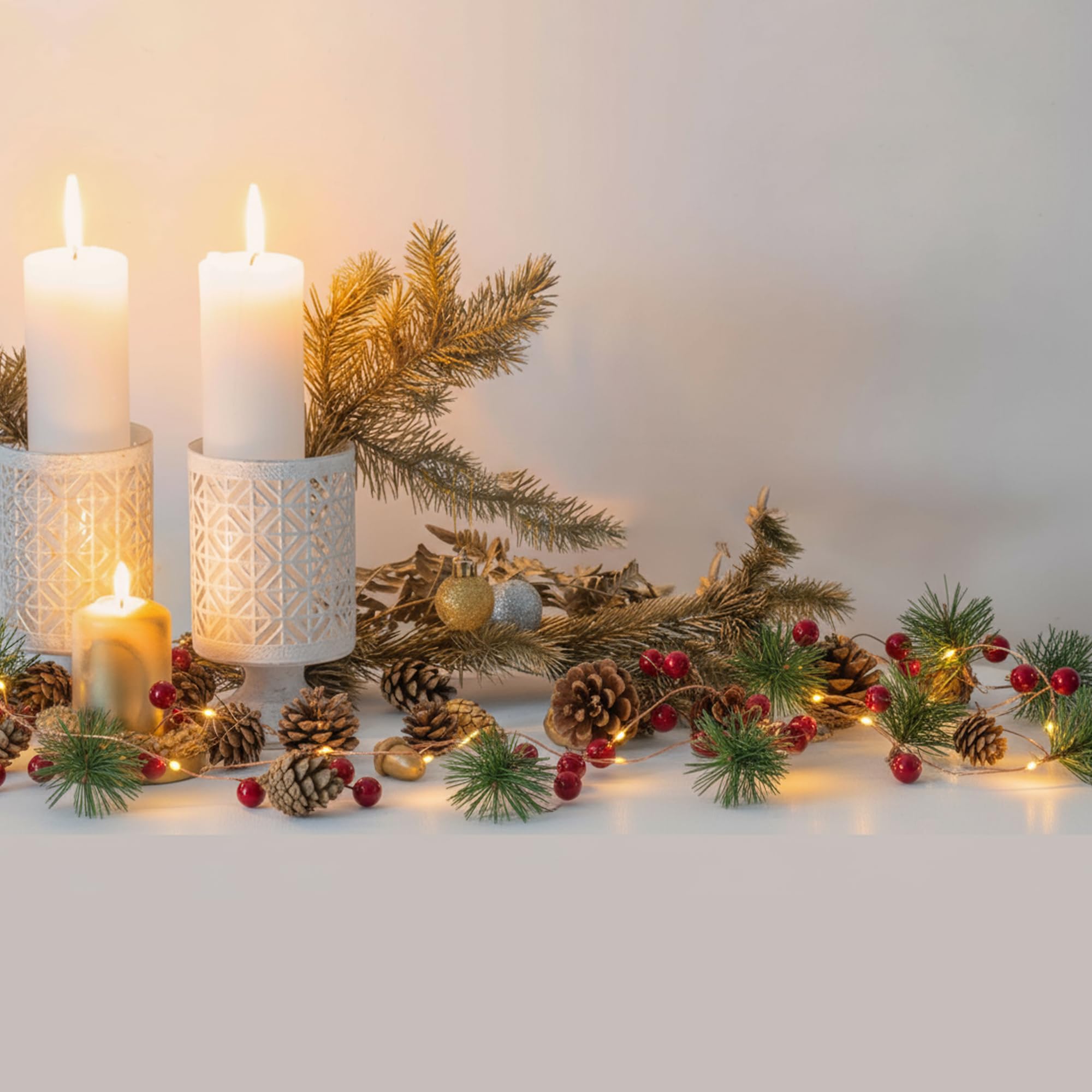 Christmas Garland with Lights - Pine Cone, Pine Needle, Bells and Red Berry Garland with Lights Christmas Decorations for Fireplace or Xmas Table Decorations - Indoor Pre Lit Xmas Decor