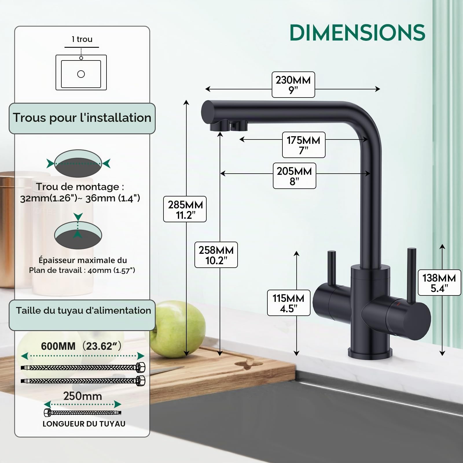 CREA Robinet de Cuisine 3 voies, Robinet d'évier rotatif à 360 °,Mitigeur 3 Voies Cuisine Avec 2 Leviers,3 en 1 Robinet Évier De Cuisine Avec Sortie Eau Filtrée,Noir Mat