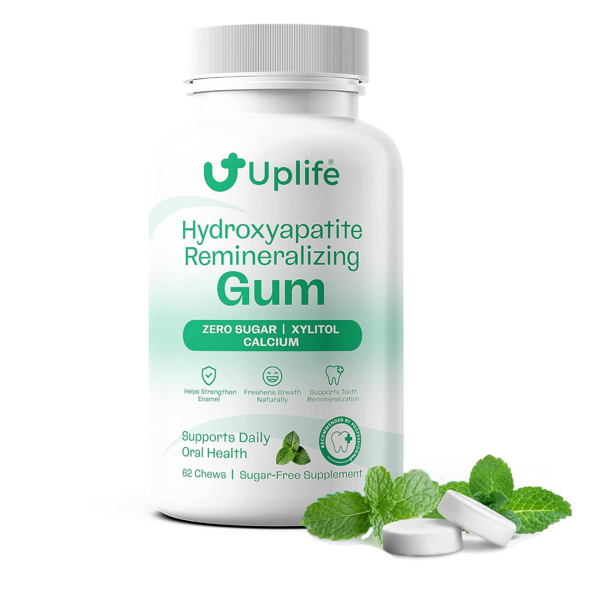 Uplife Hydroxyapatite Remineralizing Gum – Sugar-Free Xylitol Chewing Gum – Supports Daily Oral Health & Fresh Breath – Zero Sugar, Mint Flavor, 62