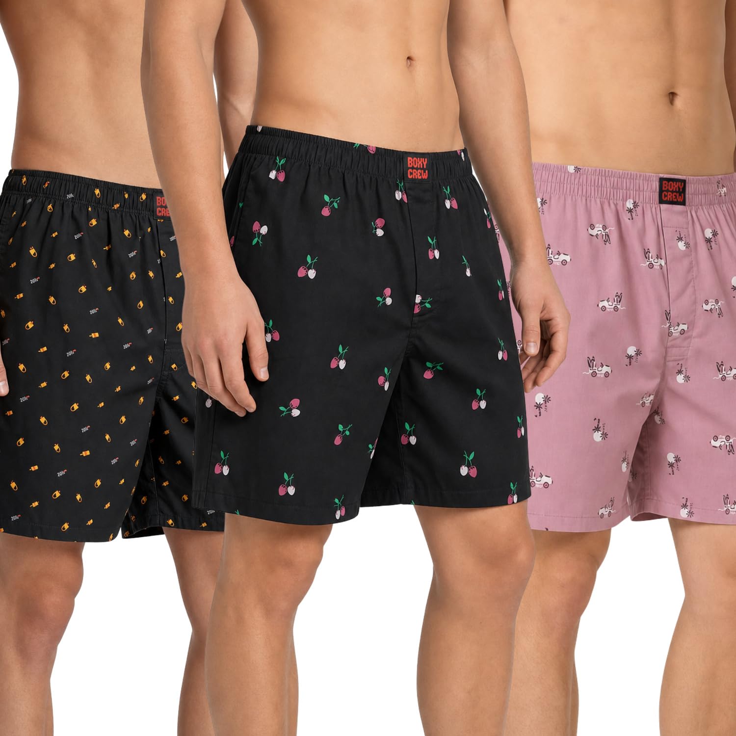 Men's 100% Cotton Printed Boxer Shorts Pack of 3 with Dual Side Pockets and Fabric-Covered Waistband - Black/Black/Pink, Styles MBX016, MBX024, MBX028-picture-15