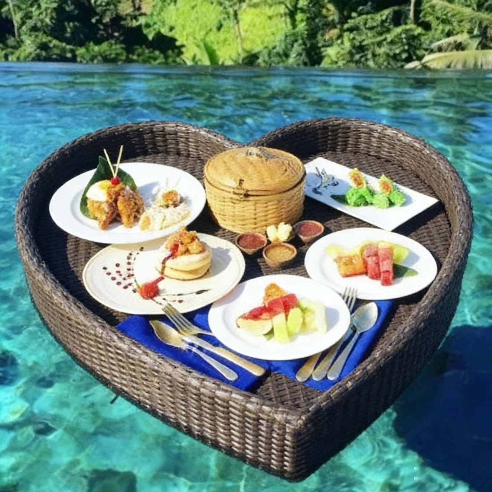 Vassoio galleggiante per piscina, tavolo da biliardo galleggiante in rattan, vassoio multifunzionale per servire cibo per piscine termali e feste estive in piscina, caffè, marrone a forma di cuore, 80
