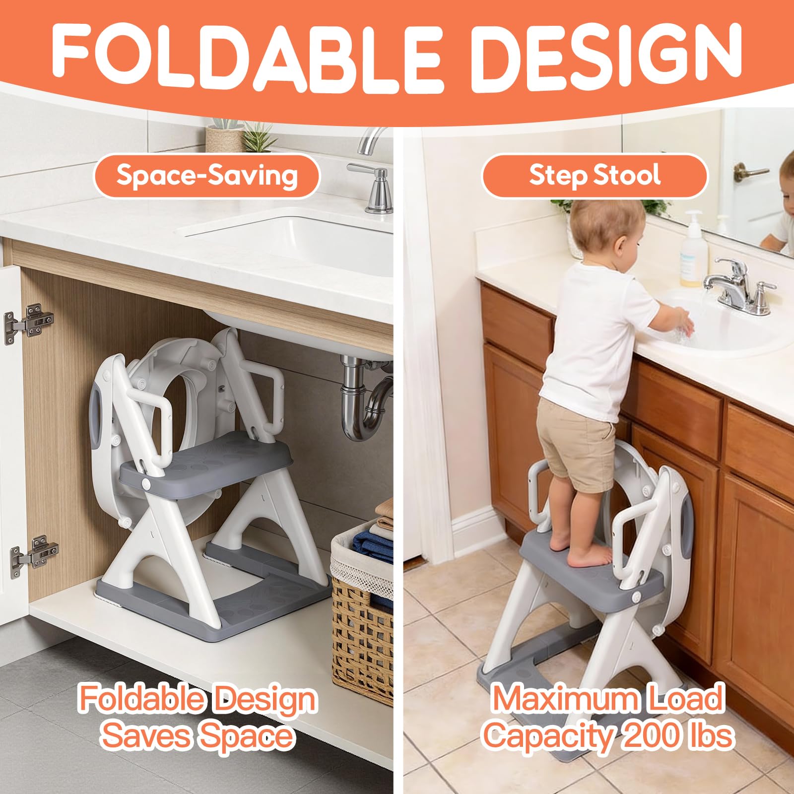 SKYROKU 8899Pro - Sedile WC per bambini, ragazzi e ragazze, 2 in 1, con paraspruzzi, antiscivolo, più sicuro e comodo (8899Pro, grigio)