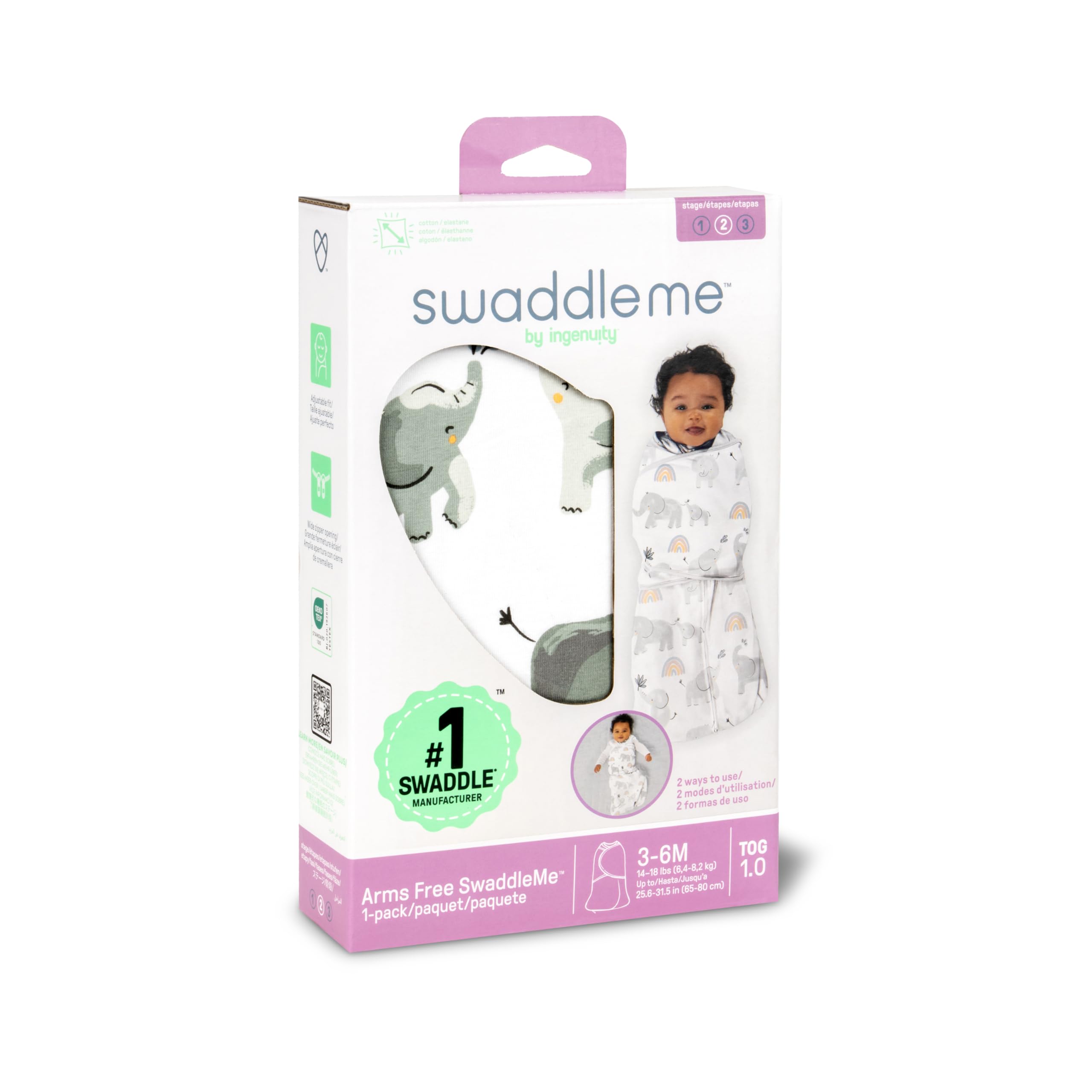 Ingenuity SwaddleMe Arms Free Umwandelbarer Baby Pucksack, Größe 3-6 Monate, 6,4-8,2 kg, Ärmchen gepuckt oder frei, 1,0 TOG - Happy Elephant