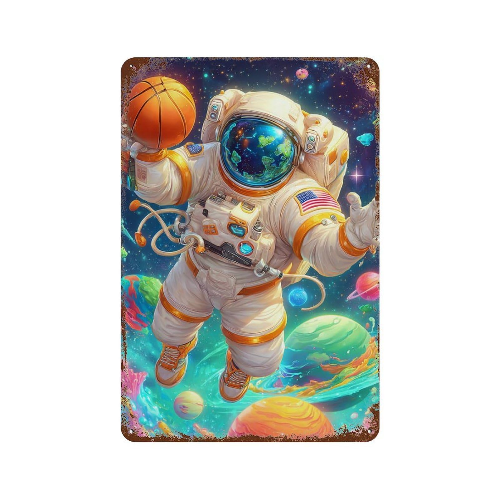 Rust Effect Astronaut in Space Basketball Rustic Tin Plaque 11.8"x7.9", Classic Wall Plaque for Shed, Workshop And Garage Wall Decor