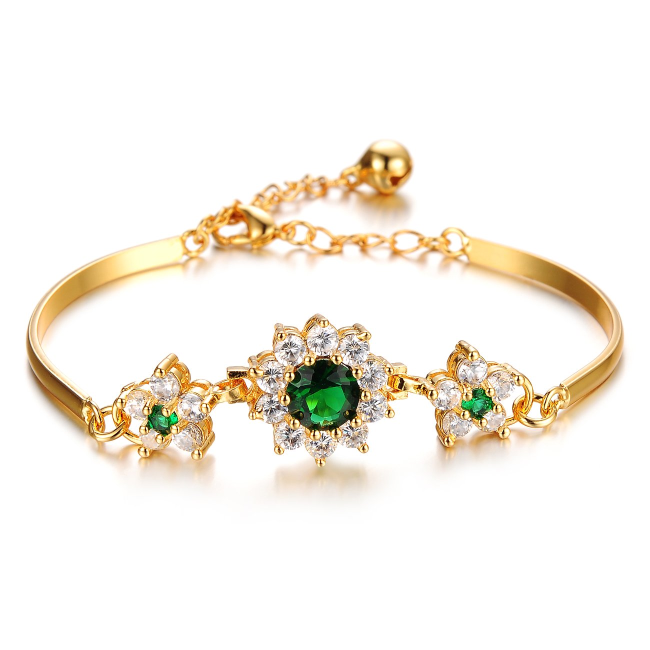 L J 18k Gold Plated Sparkling Green Simulated Rhinestone CZ Flower Bangle Bracelet for Women Jewelry Gift for