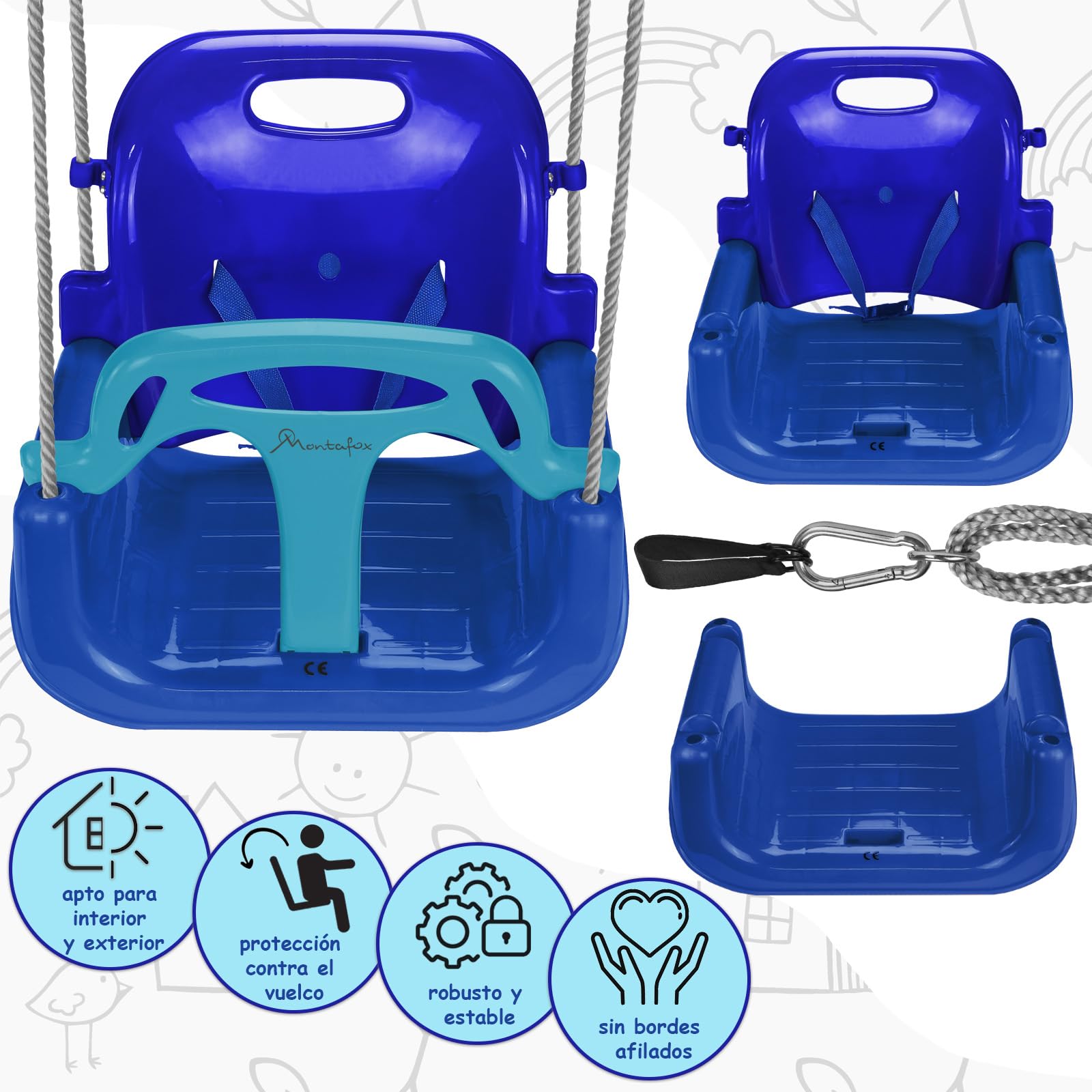 Montafox Columpio para niños bebés 3 en 1 Ajustable en Crecimiento con Respaldo arnés con Correa, Color:Azul