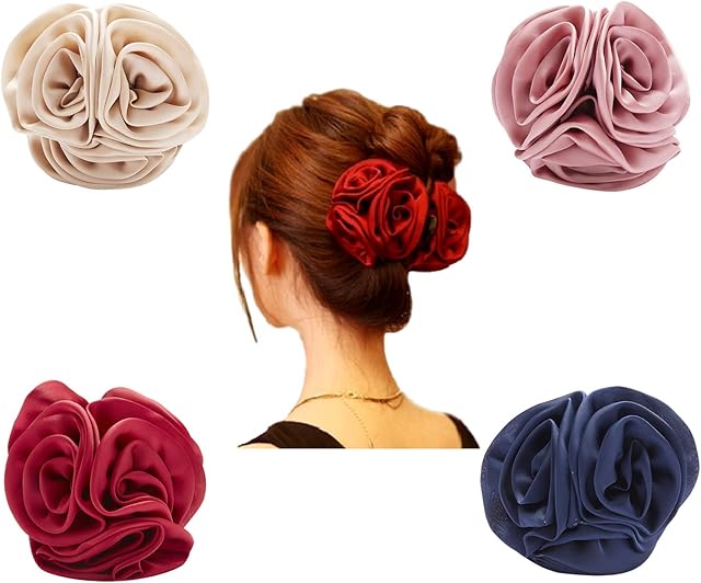 4 Pack Large Butterfly Octopus Ribbon Silk Chiffon Rose Flower Large Bows Metal Hair Claw Clips Jaw Barrettes Grips Clamps Hair Accessories for Women Girls
