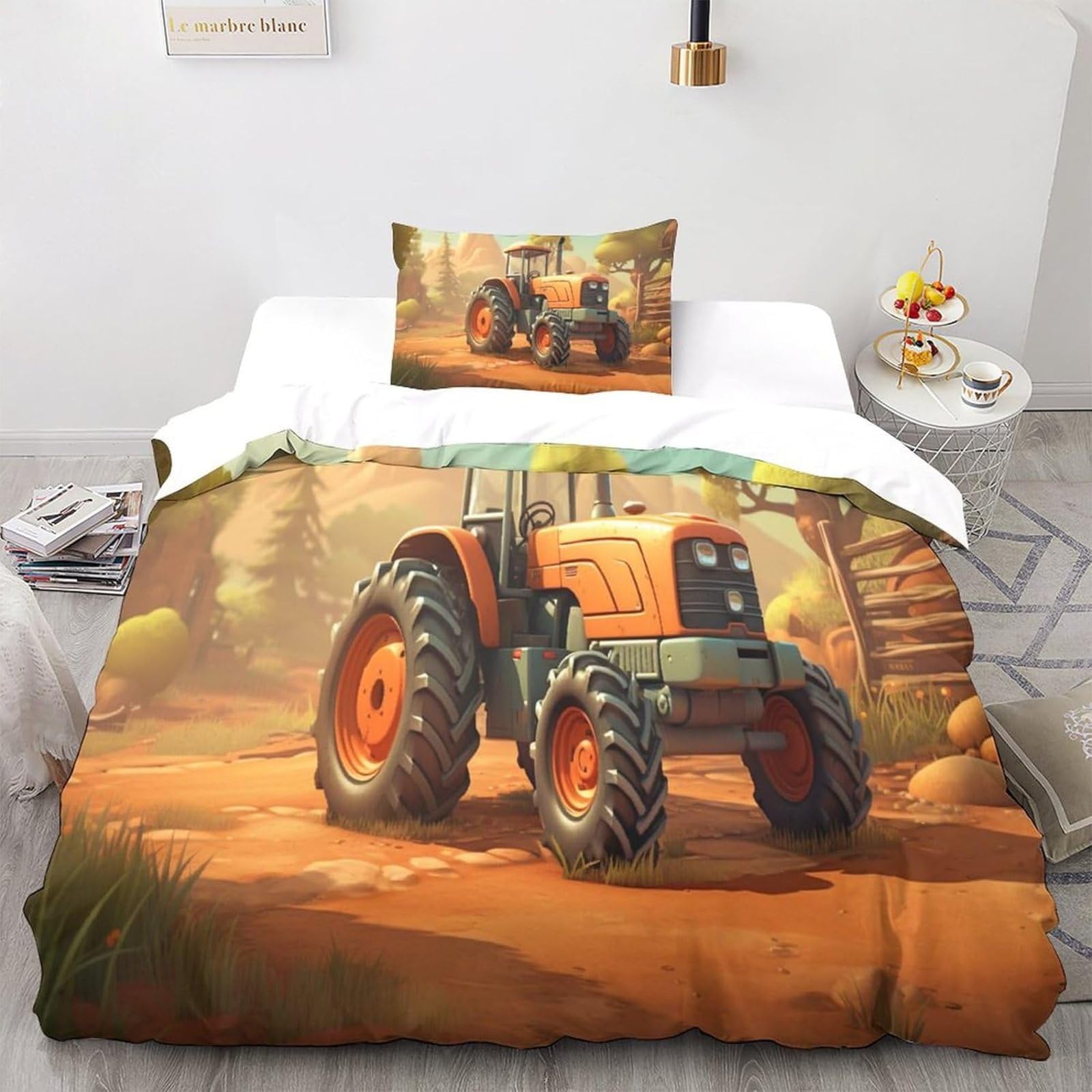 Bettwäsche 155x220 Gelber Traktor Bettwäsche-Set mit Reißverschluss Schließung und 2 Kopfkissenbezug 80x80 cm - Weicher Atmungsaktive Mikrofaser Bettbezug für Kinder Mädchen