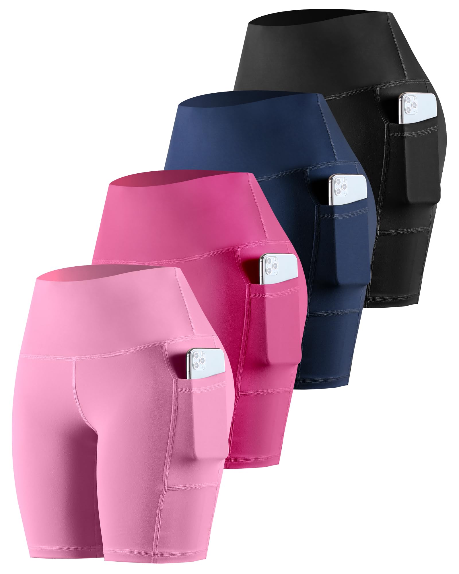 CHRLEISURE Womens Biker Yoga Shorts with Pockets: High Waisted Tummy Control Spandex Workout Athletic Gym Shorts 4 Packs