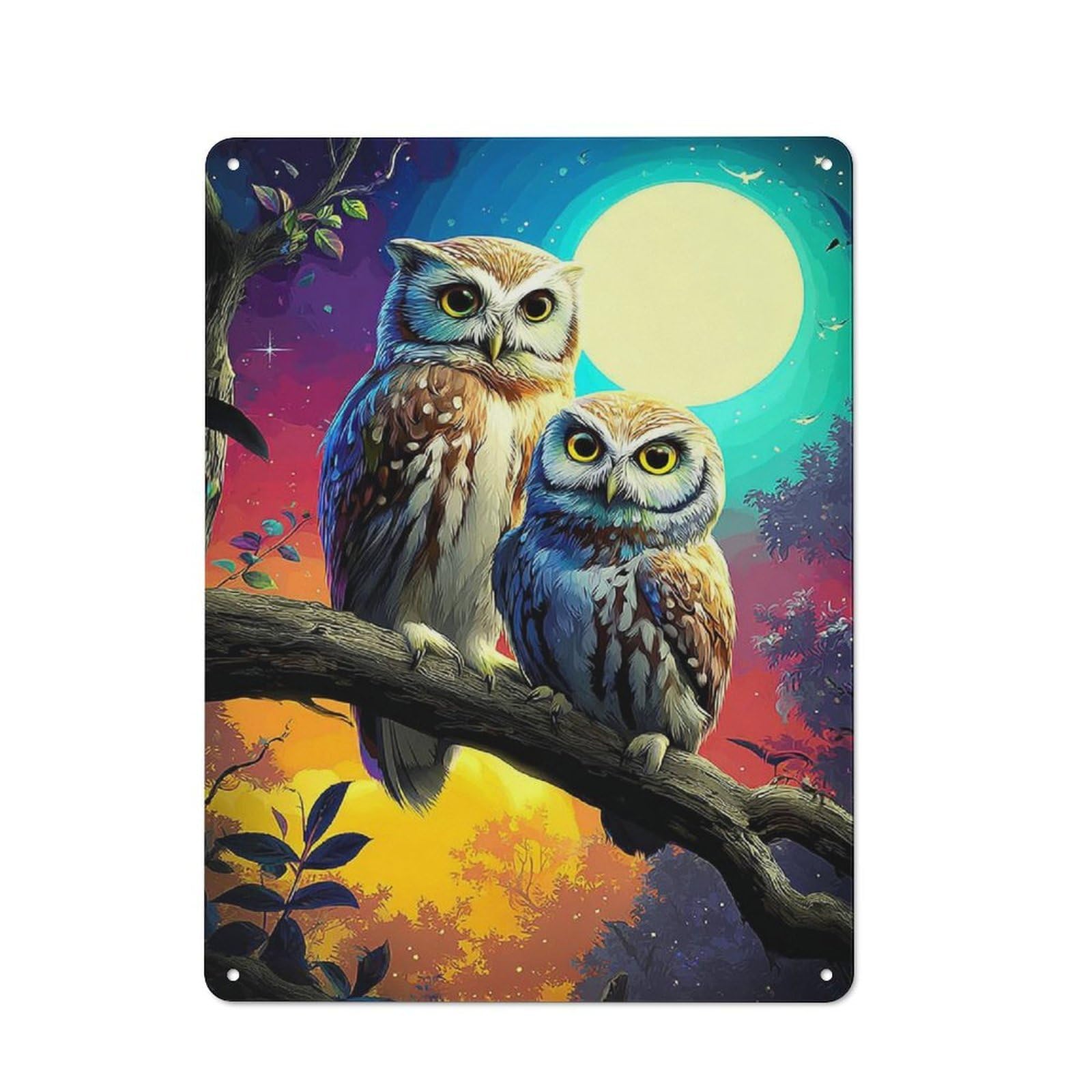 Junmoney Owls Under The Moonlit Sky Rustic Tin Sign 40X30cm For Home Bar Wall, For Home Interiors, Feature Walls And Decorative Displays