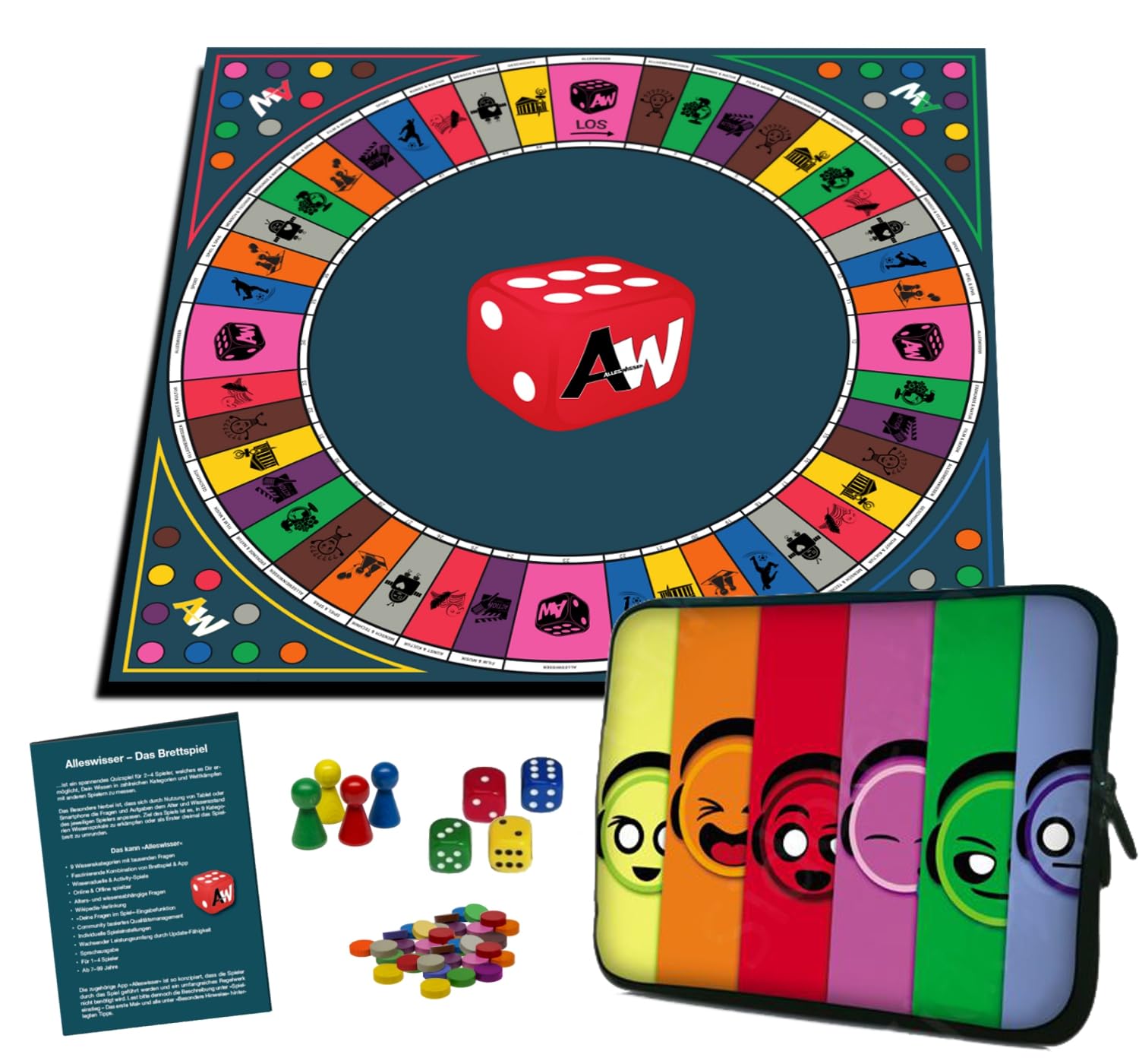 Alleswisser - Das Brettspiel mit App, interaktives Quiz-, Wissens- und Familienspiel für iOS und Android mit Tasche im Familie-Layout