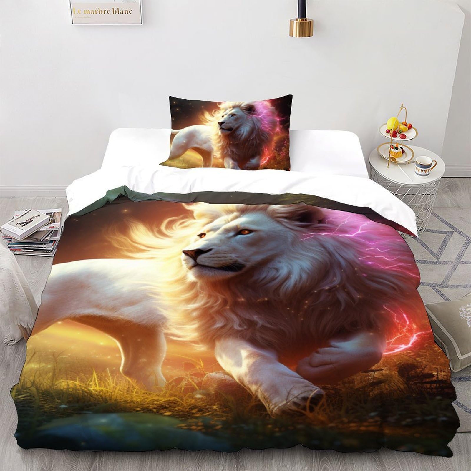 Housse de couette lion 3D facile à changer parure lit enfant 135x200cm avec fermeture éclair douce