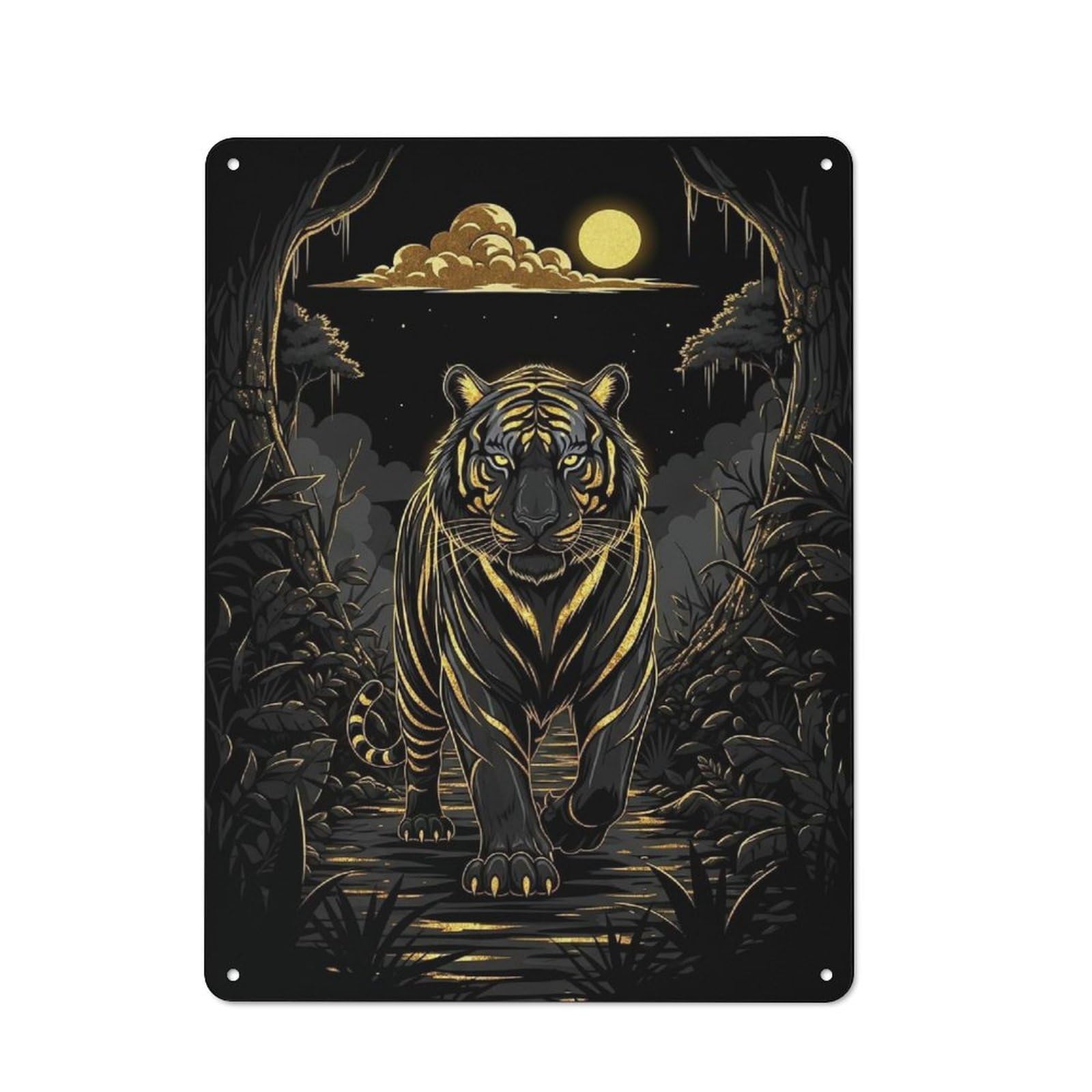 Junmoney Style-3 For Café Or Home Bar, Golden Tiger In Moonlit Jungle Retro Metal Plaque 40X30cm, A Winter Wall Decor Update For Café-Style Decor Fans