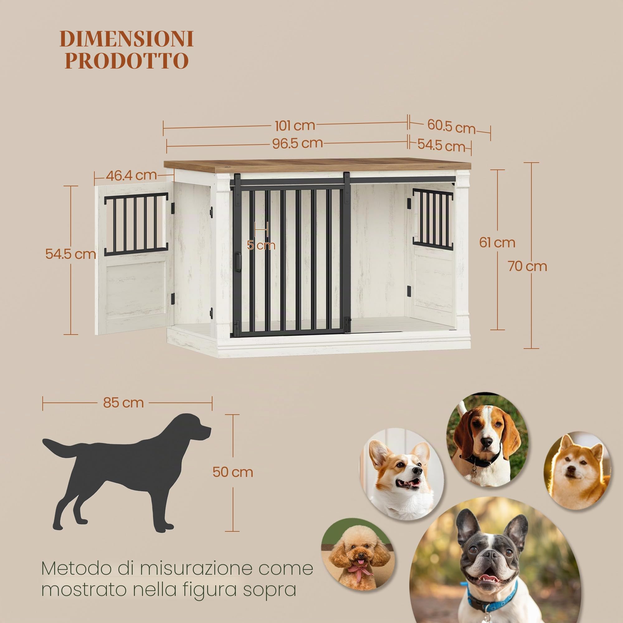 HEXCELEN 101cm Gabbia per Cani, Kennel Cane con Porta Scorrevole, 3 Porte, Tavolo Supplemento, Nicchia Moderna per Cani, Anti-Morso e Anti-Fuga, 101 x 60,5 x 70 cm, Bianco e Marrone, Moderna