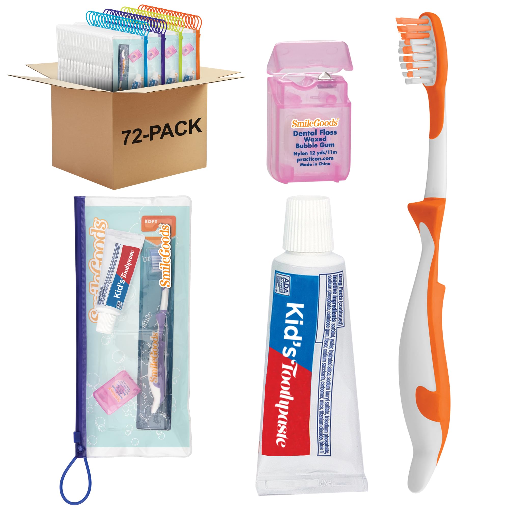 SmileGoods Child Dental Care Kit with Toothbrush, Toothpaste, and Floss, 72 Pack