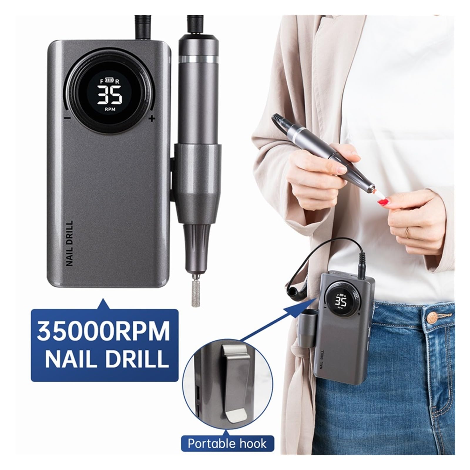35000RPM wiertarka do paznokci z wyświetlaczem LCD, akumulatorowa żelu, profesjonalna frezarka manicure,Niski poziom hałasu(Grey-07)
