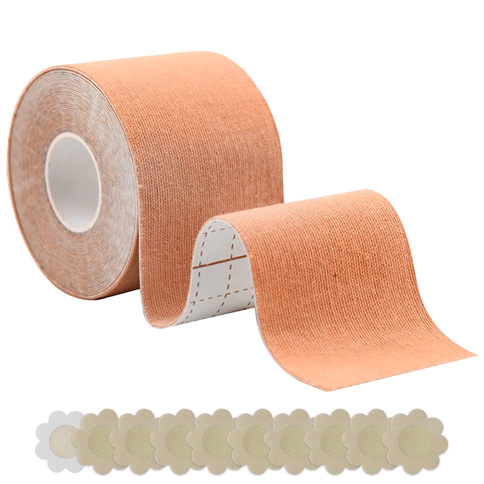 JIMACROBoob Tape, 5m x 5cm Roll of Body Tape for Women with 5 Pairs Nipple Covers, Bob Tape for Breast Lift Tape, Adhesive Push Up Bra Tape for Large Breasts All Cup Size, Waterproof & Breathable