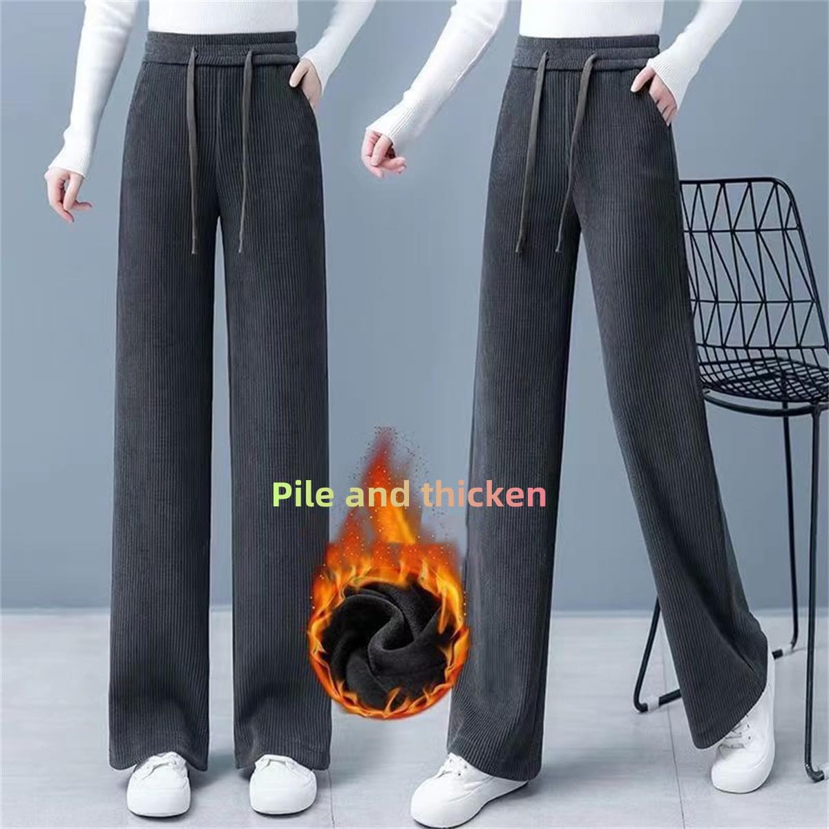 Women's Padded and Thickened Solid Color Wide-Legged Drawstring Straight Pants, High Waist Loose Wide Leg Pants - Image 3