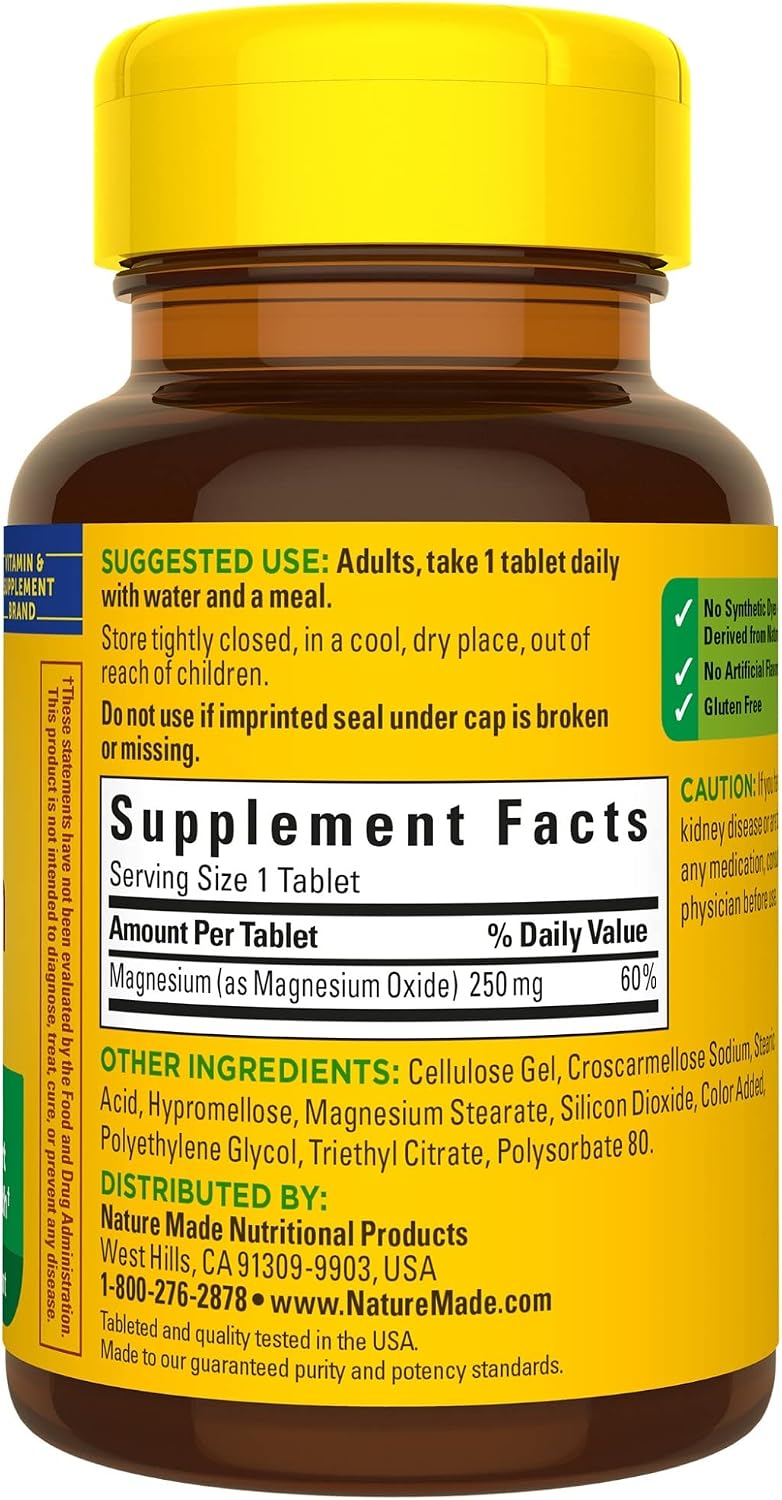 Nature Made Magnesium Oxide 250 mg, Dietary Supplement for Muscle, Heart, Bone and Nerve Health Support