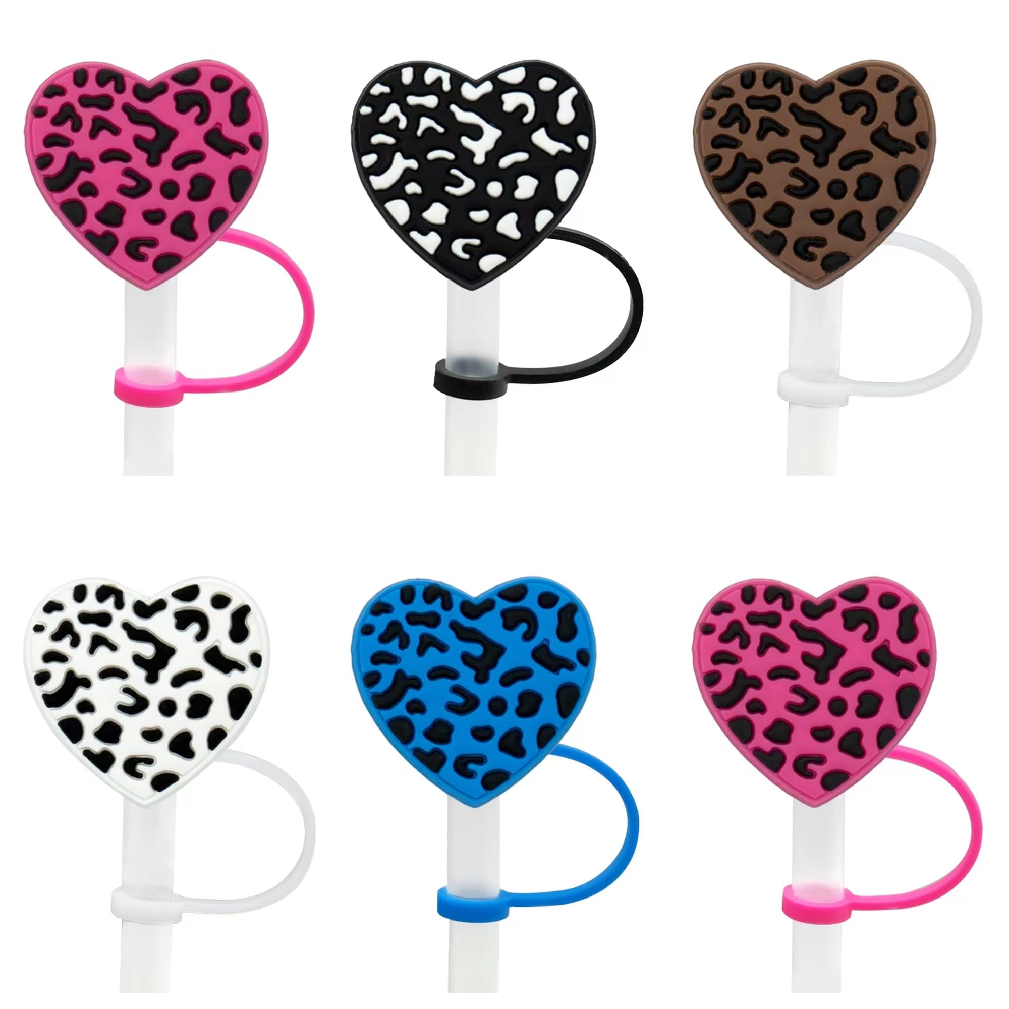 Funny Straw Toppers, 6PCS 10mm Leopard Straw Cover Caps for Stanley Tumblers, Dust-Proof Stanley Straw Covers Drinking Cups Straw Toppers, Cute Stanley Cups Accessories (Heart Theme)