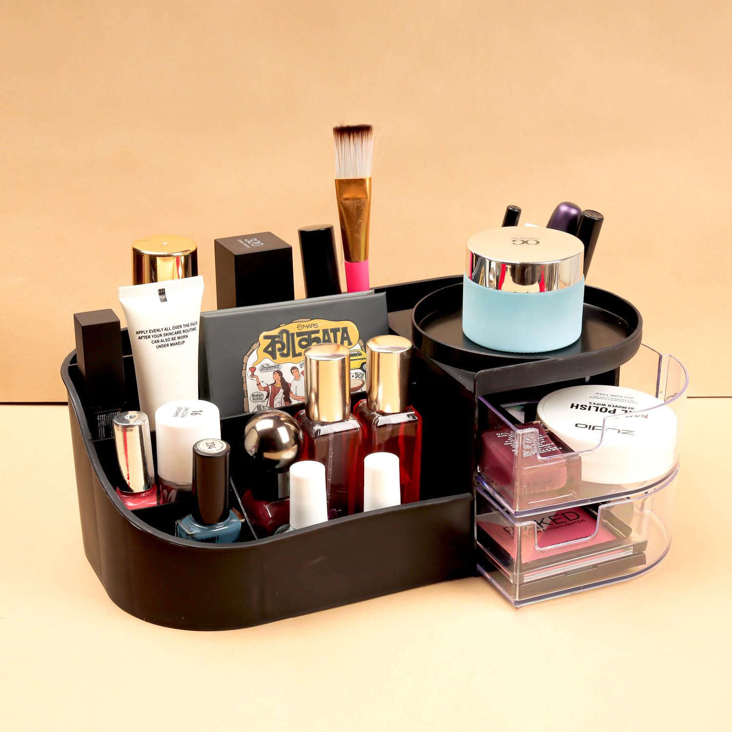 Plastic Makeup Desk Cosmetic Storage Box Organizer with Drawers for Dressing Table,Bathroom Counter, Elegant Vanity Holder for Brushes, Eyeshadow, Lotions, Lipstick, Cosmetics (Black)-image-30