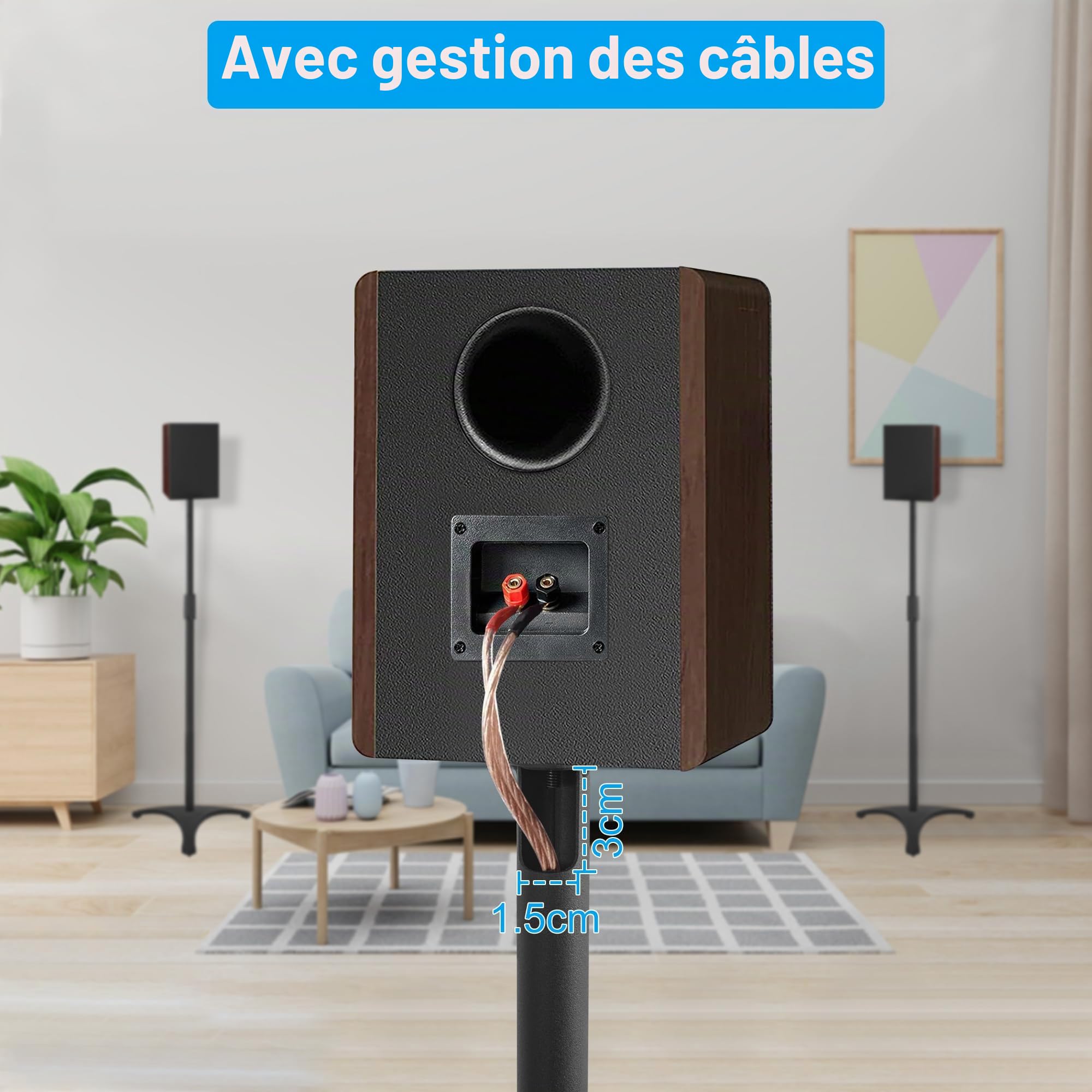 Supports d'enceintes OUUTMEE, Supports d'enceintes, réglables en Hauteur de 86 à 127 cm avec Gestion des câbles, Fixation pour Enceintes, Lot de 2, capacité de Charge de 3,6 kg chacun.