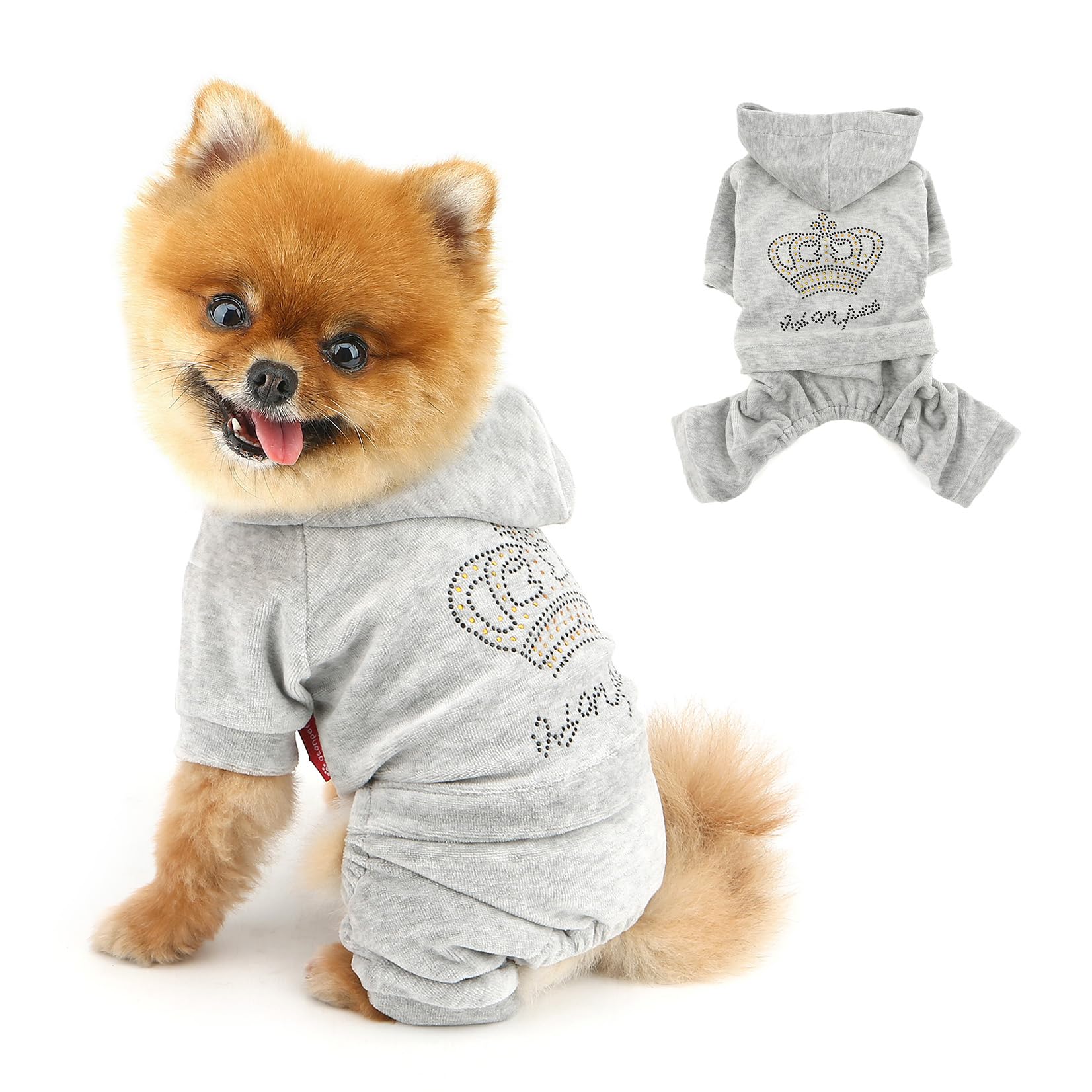 SELMAI Girl Dog Clothes For Small Dogs Cute Doggie Outfits Rhinestone Crown Stretchy Puppy Pajamas Soft Velvet Hoodie 4 Legged Jumpsuit Lightweight Pet Tracksuit Cat Apparel Leash Hole