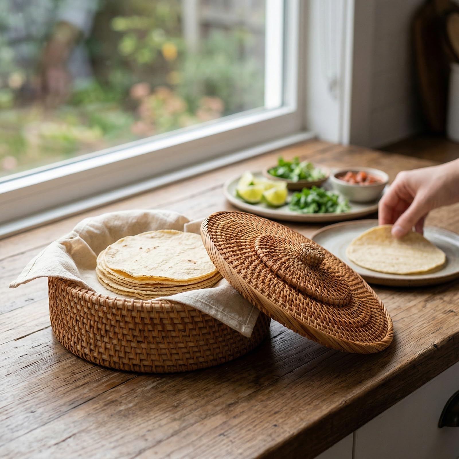 Demeras Cesta Calentadora de Tortillas Tejida a Mano de Ratán con Tapa, Estilo Mexicano, para Comidas Familiares, Decoración de Cocina, 10,2x3,5 Pulgadas